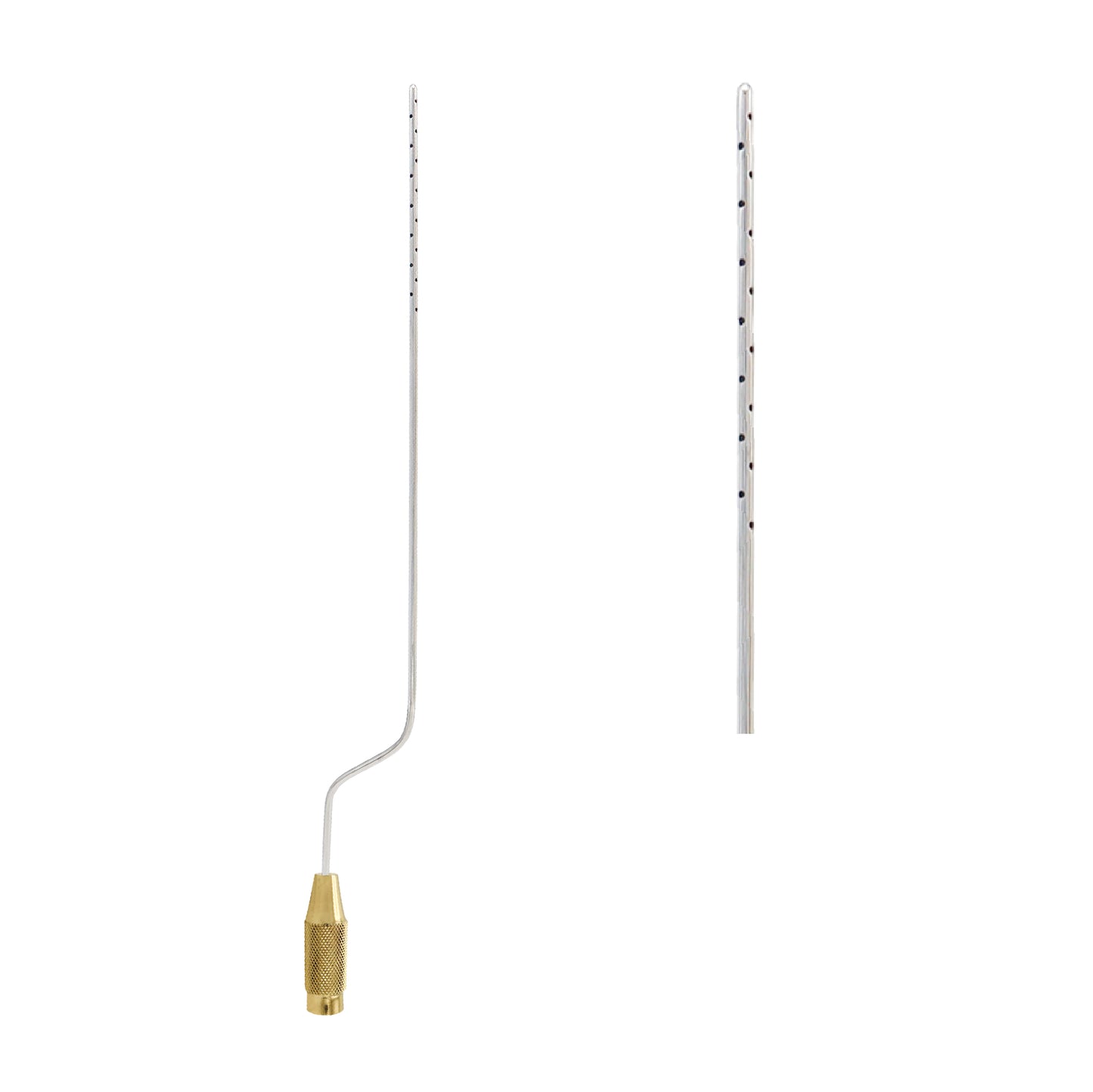 A professional medical Entner bayonet liposuction cannula featuring a long, slim stainless steel tube with multiple aspiration holes and a textured gold-tone threaded connector base, shown alongside a close-up of the perforated tip.