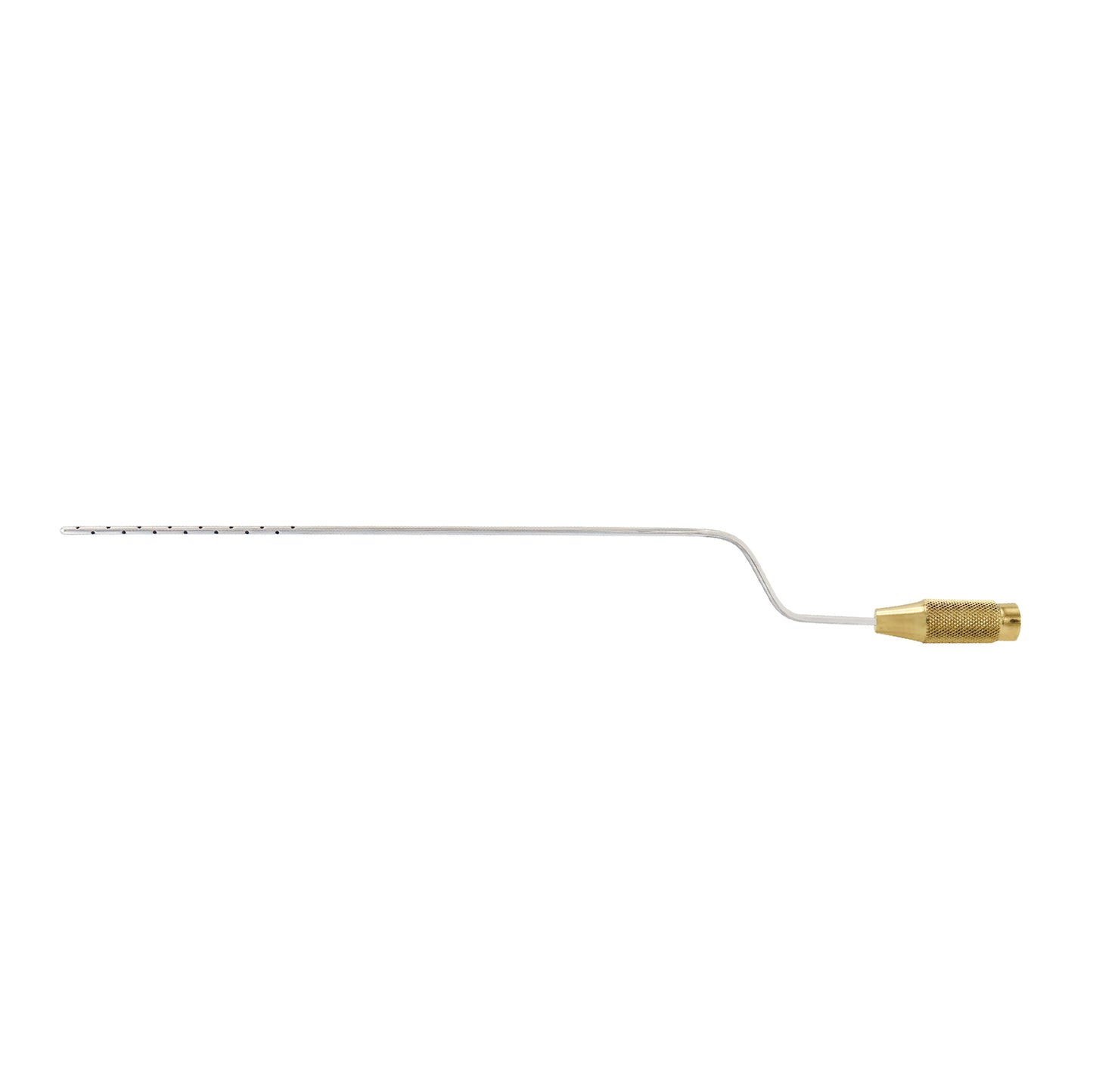 A stainless steel ENTNER bayonet-shaped liposuction cannula with multiple precision-drilled ports and a threaded gold-colored handle connector, used for surgical fat aspiration and body contouring.