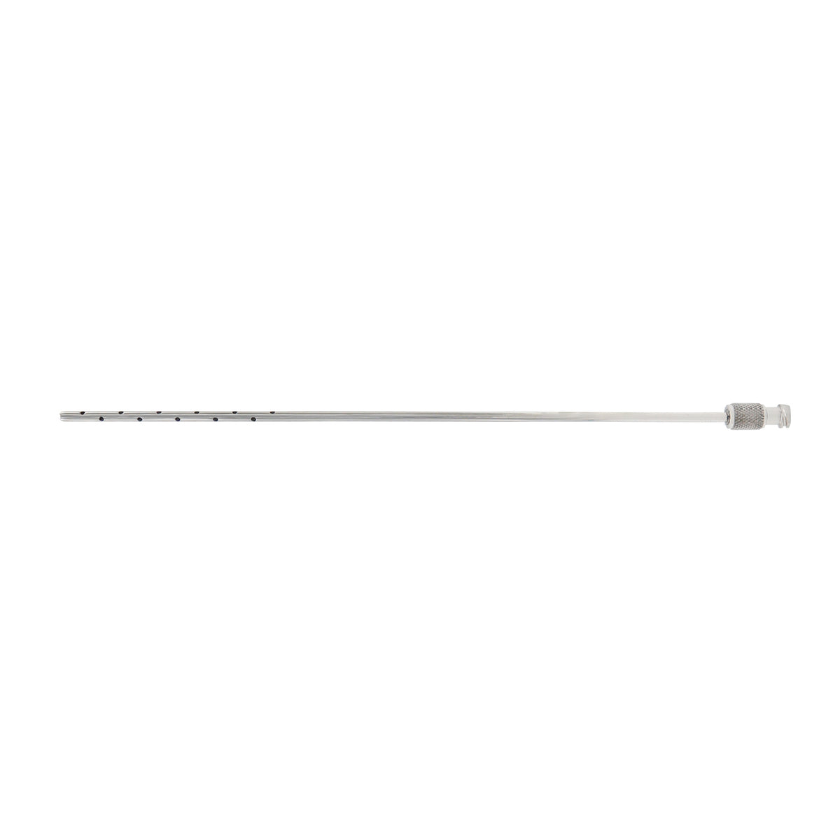 Entner liposuction cannula with a multi-port tip design and a silver metal Luer-Lock hub connector on a white background.