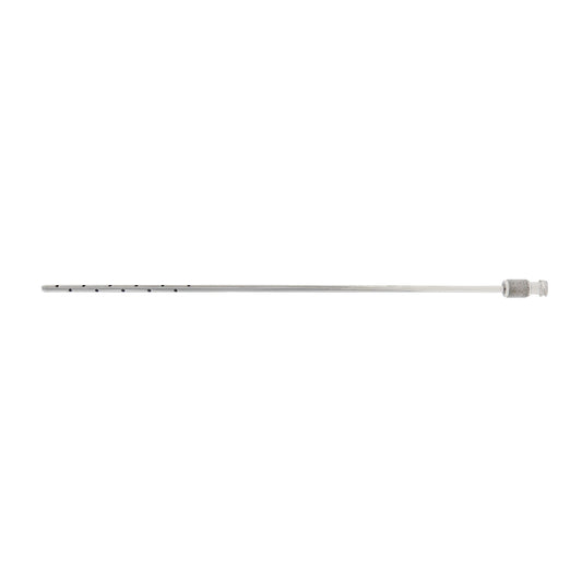 Entner liposuction cannula with a multi-port tip design and a silver metal Luer-Lock hub connector on a white background.