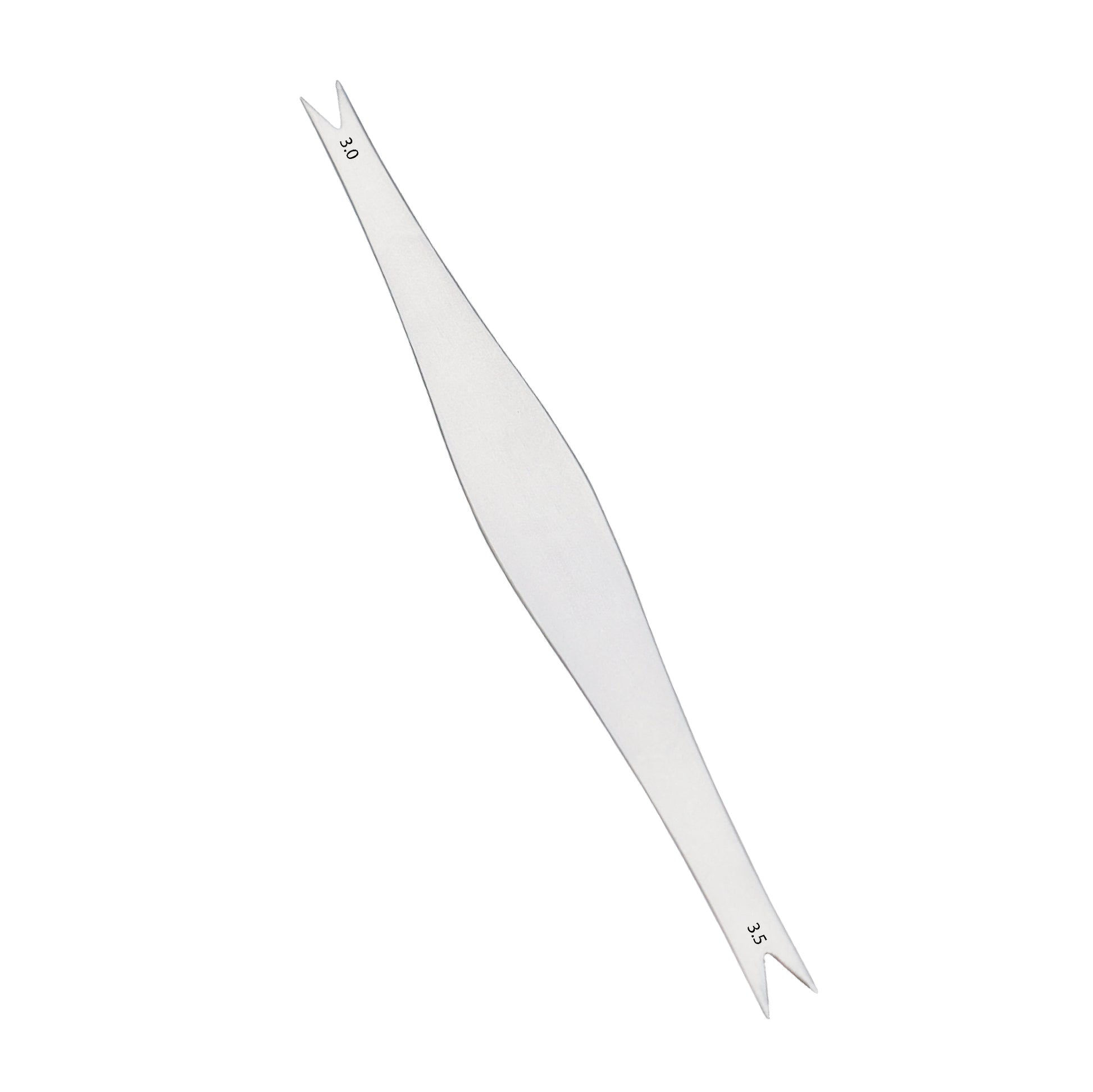 Extra-thin double-ended open spanner with 3.0mm and 3.5mm metric sizes for narrow clearance mechanical adjustments.