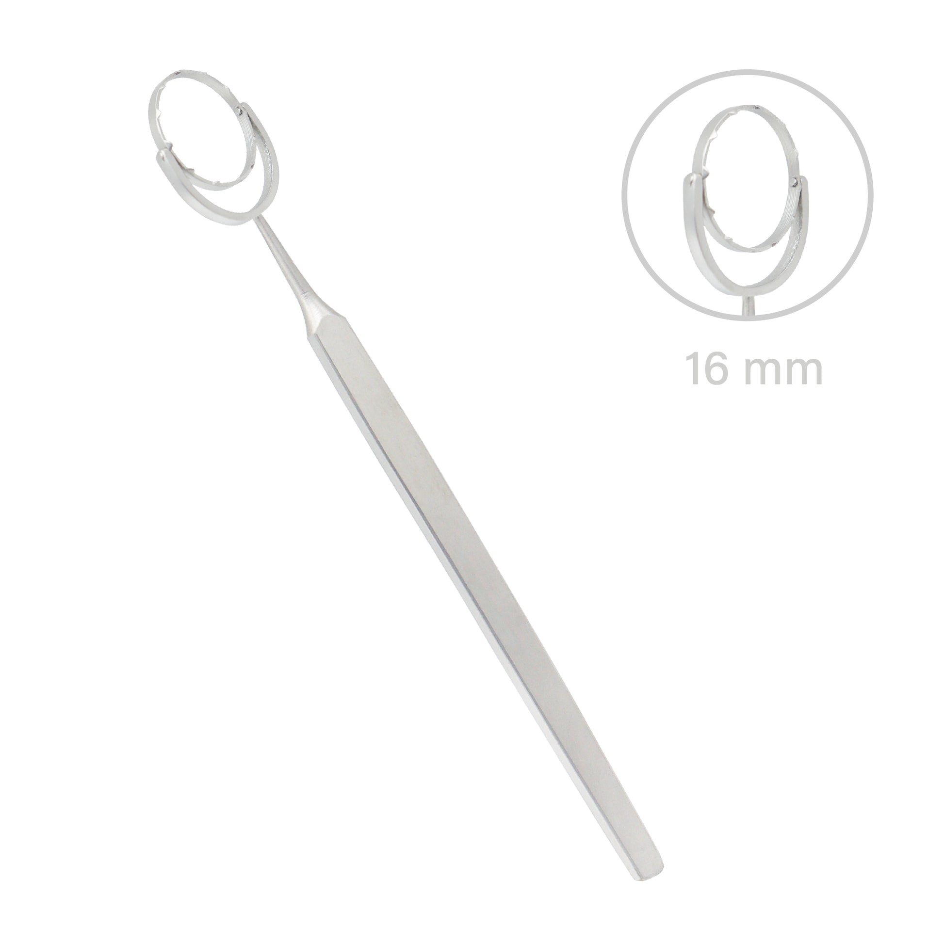 Hofmann-Thornton Fixation Ring with flat handle used for controlled ocular tissue fixation during ophthalmic procedures