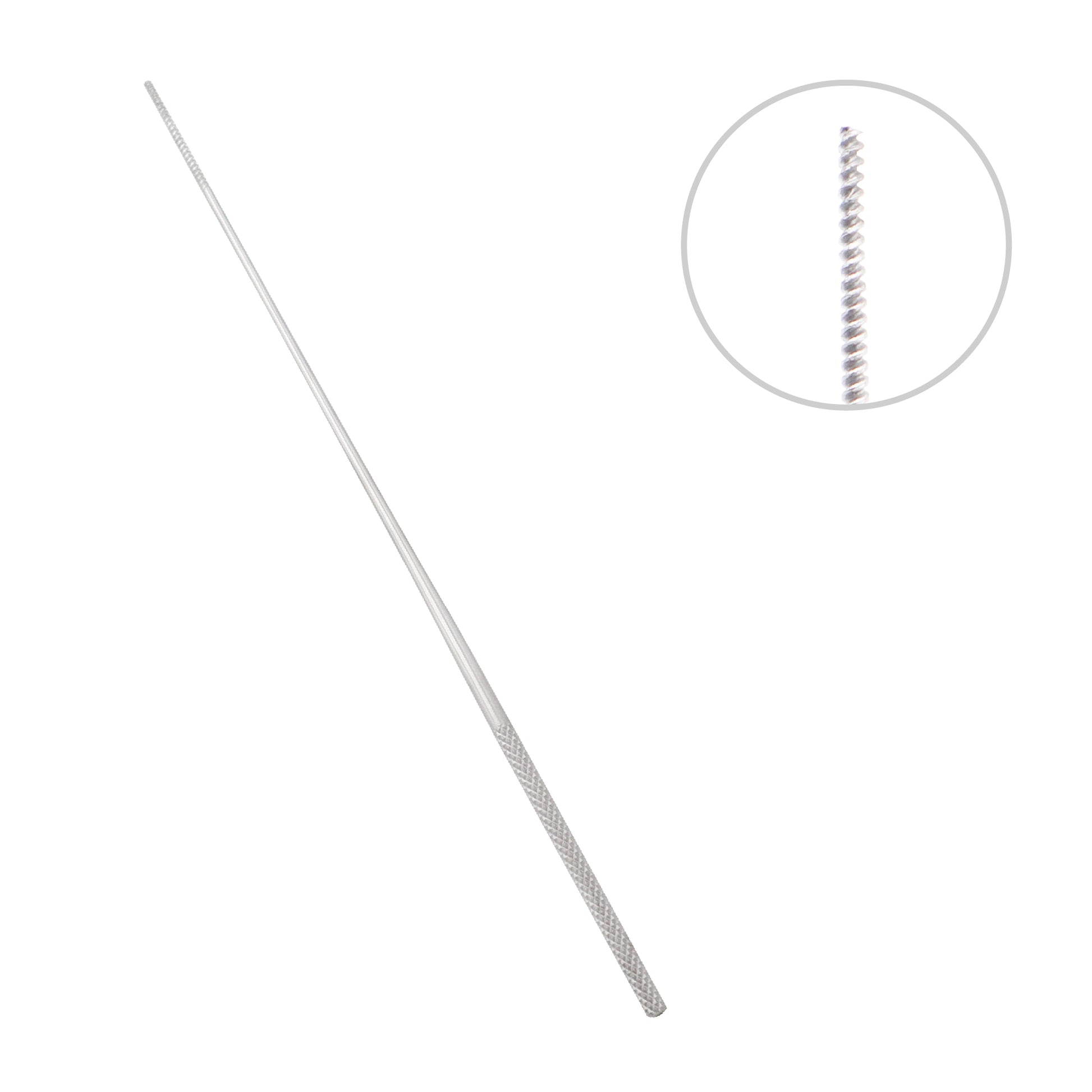 Surgical stainless steel Farrell cotton applicator for ENT procedures with a close up circular cutout showing the cross serrated tip.