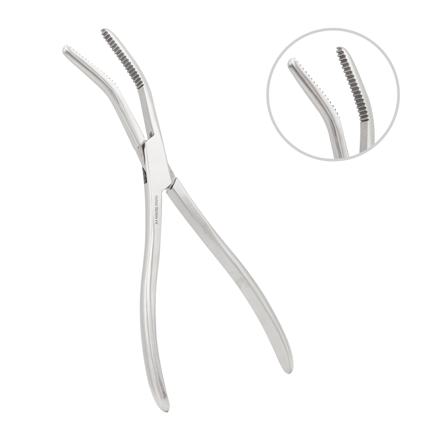 Ferguson bone holding forceps with curved serrated jaws and high-polish stainless steel finish for orthopedic surgery.