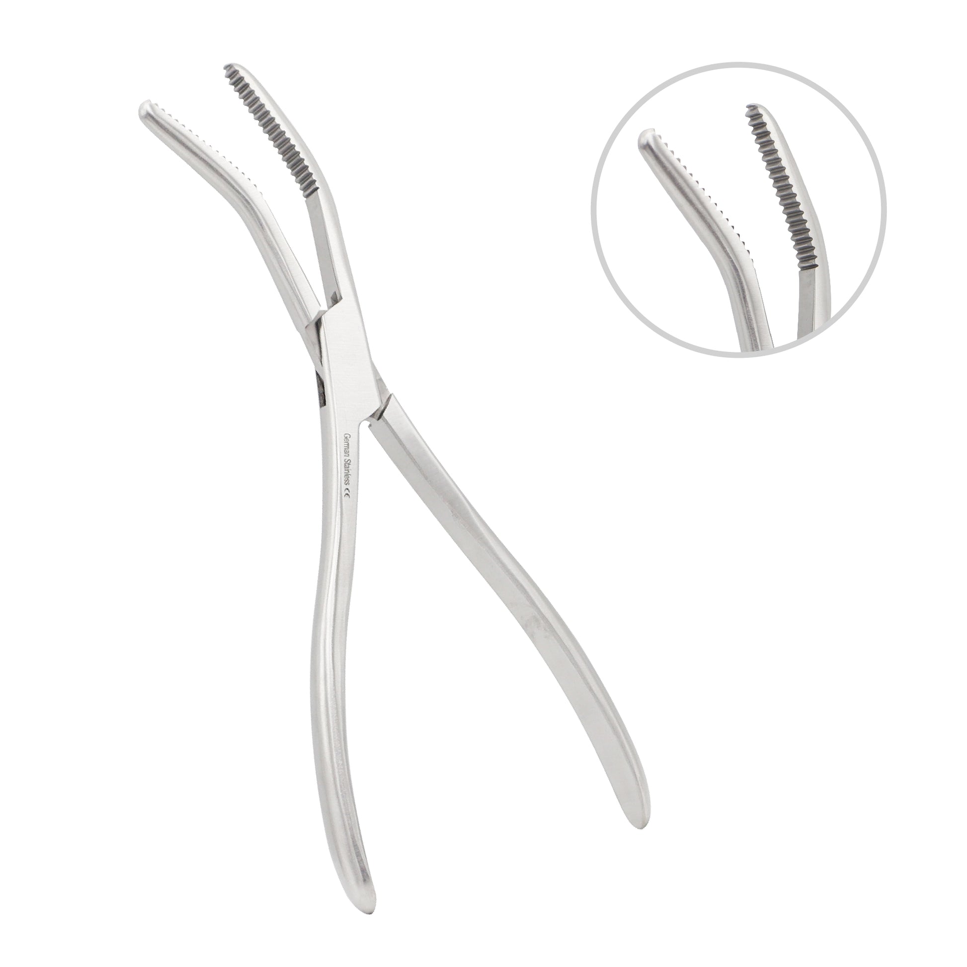 Ferguson bone holding forceps with curved serrated jaws and high-polish stainless steel finish for orthopedic surgery.