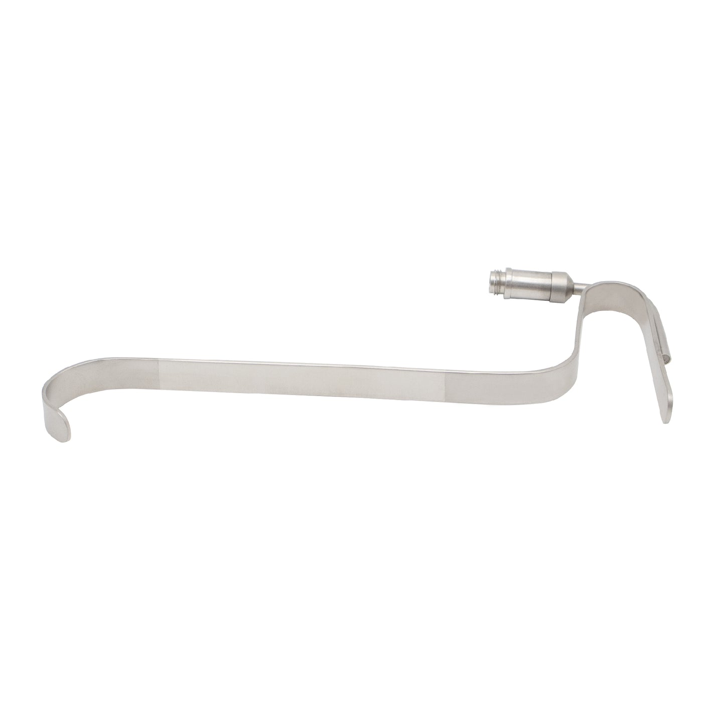 A stainless steel Ferriera-style surgical retractor with a long flat handle, a deep curved blade, and an integrated fiber optic light guide for enhanced surgical site illumination.