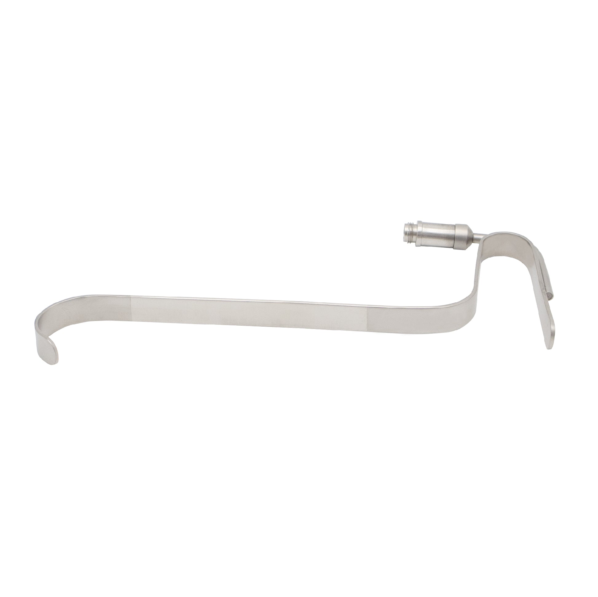 A stainless steel Ferriera-style surgical retractor with a long flat handle, a deep curved blade, and an integrated fiber optic light guide for enhanced surgical site illumination.
