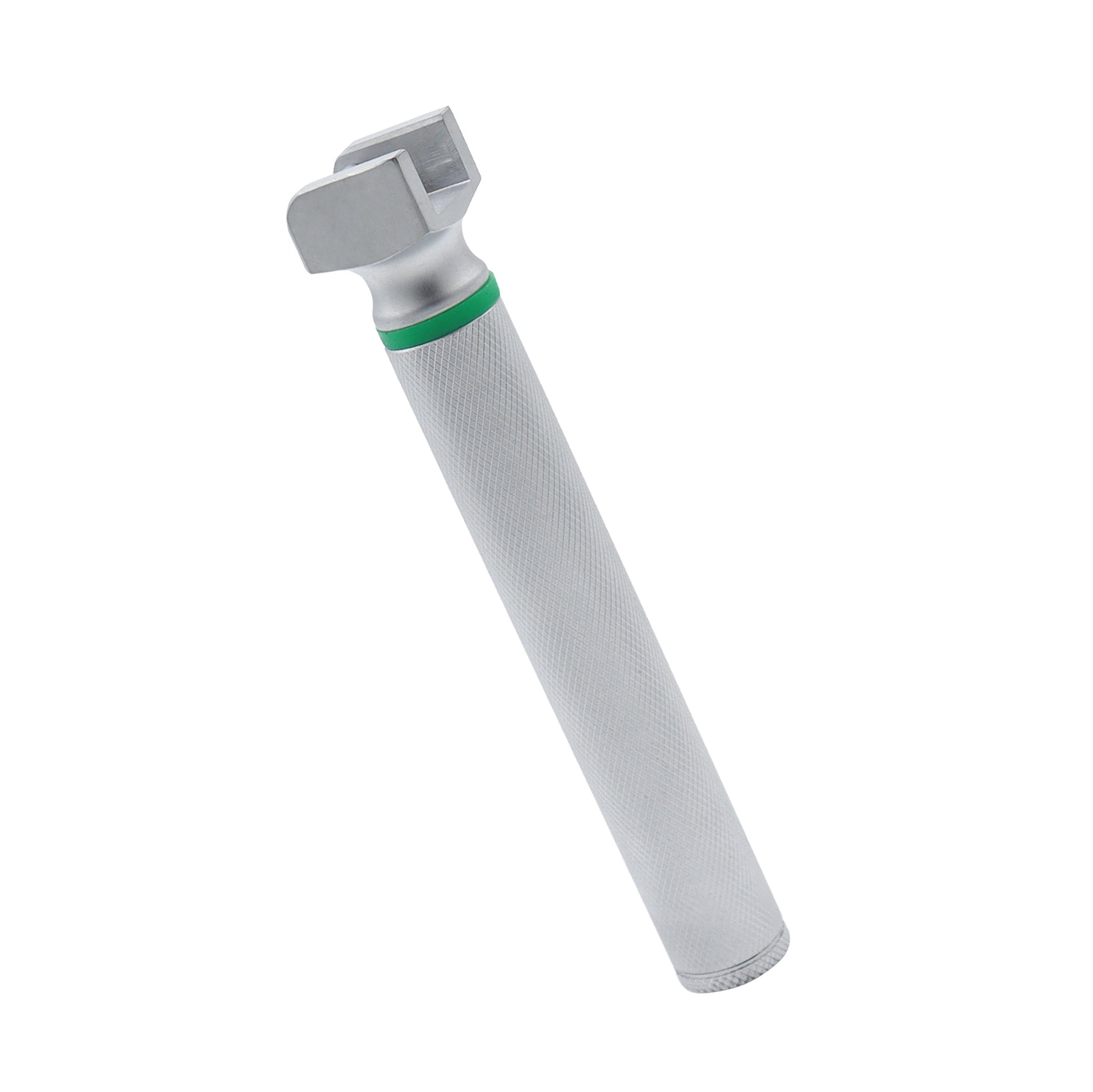 Reusable stainless steel fiber optic laryngoscope handle with a green indicator ring, featuring a knurled non-slip grip for medical intubation procedures.