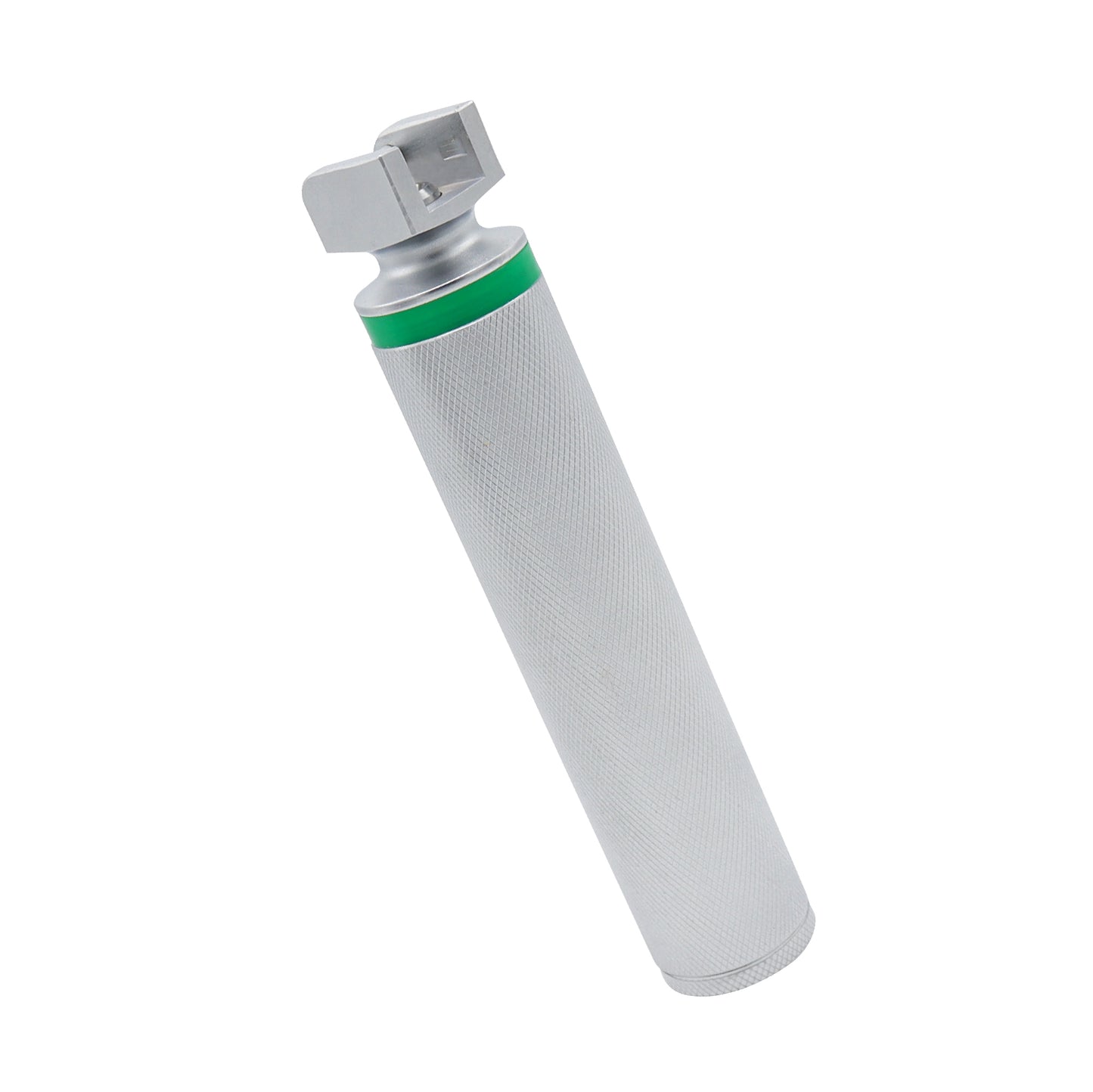 Medium fiber optic laryngoscope handle with green system identification ring and knurled stainless steel grip for medical intubation.