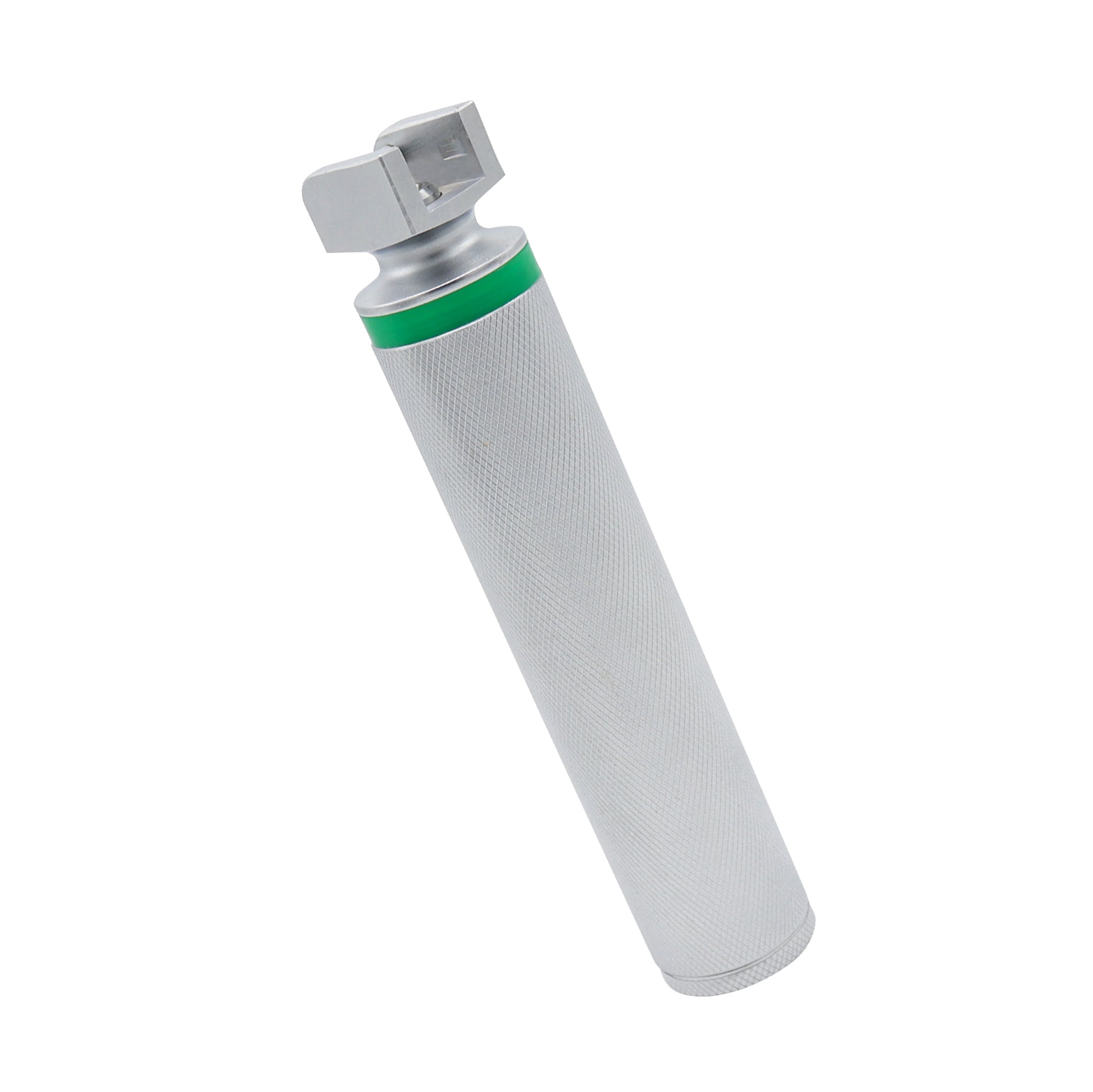 Medium fiber optic laryngoscope handle with green system identification ring and knurled stainless steel grip for medical intubation.