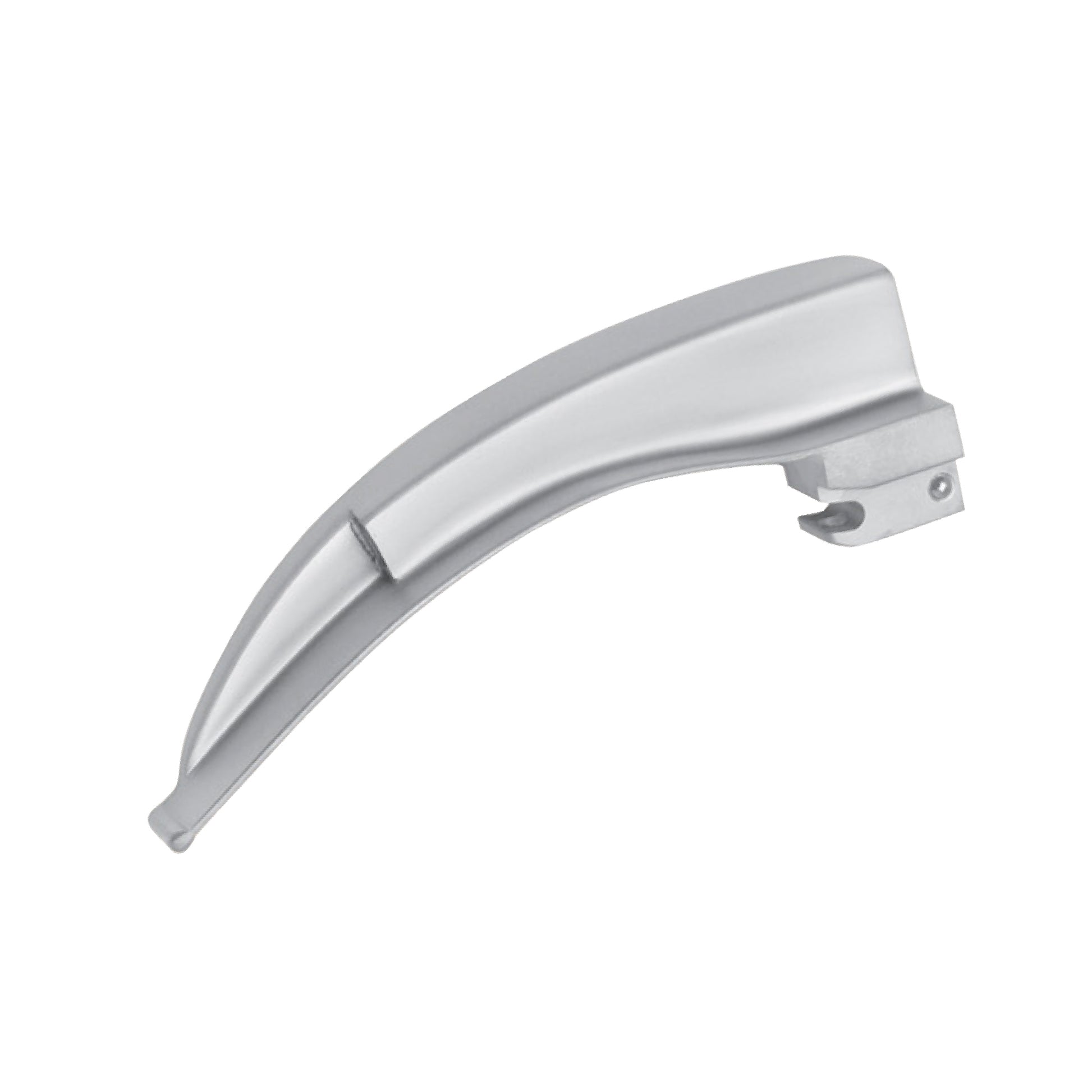 A curved, stainless steel Macintosh laryngoscope blade for medical intubation, featuring a fiber optic light port and a matte finish.