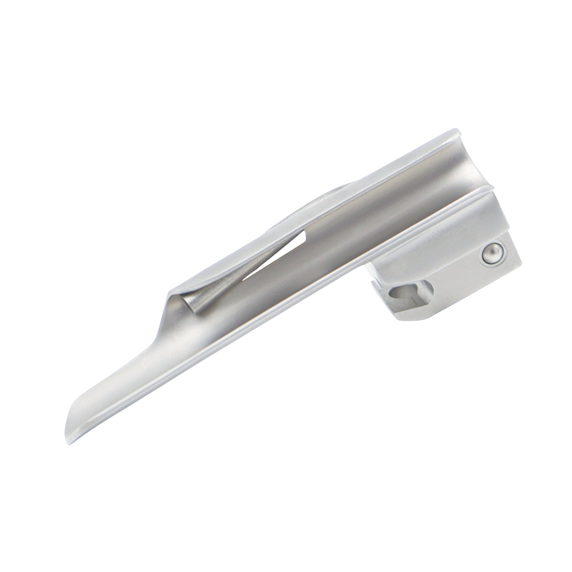 A stainless steel Fiber Optic Miller Size 0 laryngoscope blade for infants, featuring a straight profile with a curved tip and a green-standard fiber optic light pipe for tracheal intubation.
