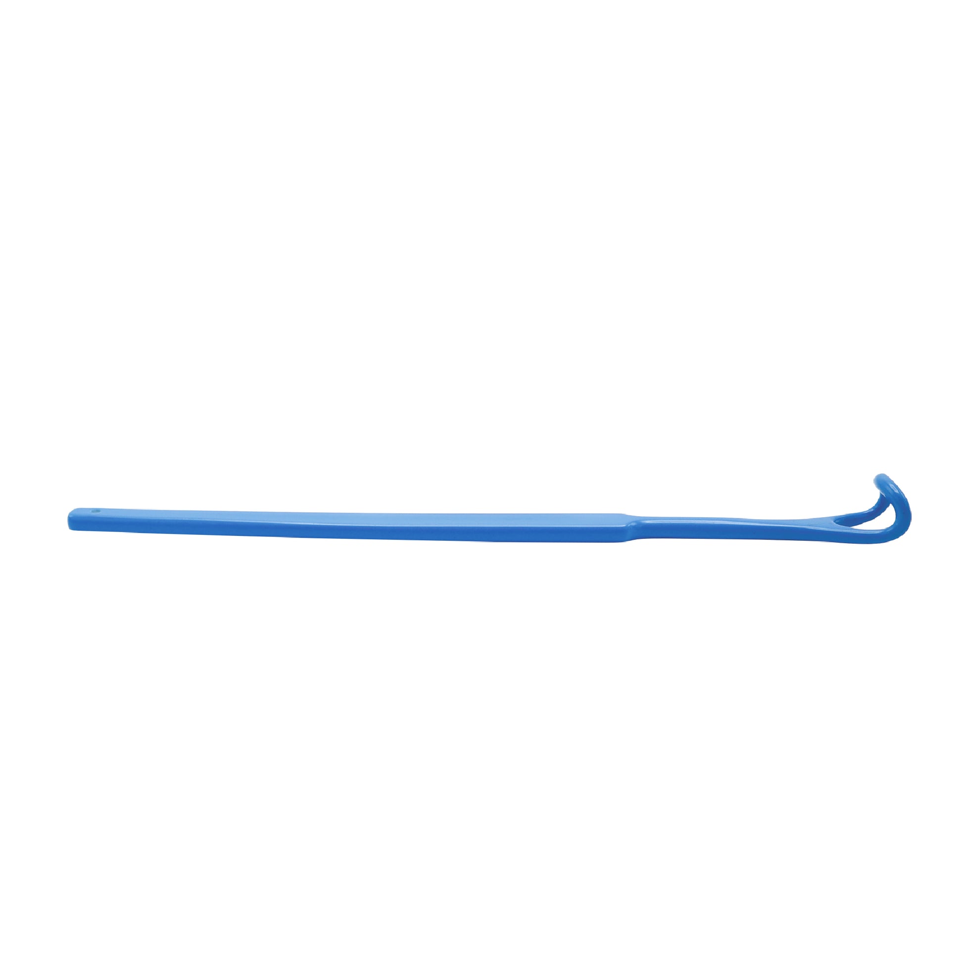 Blue plastic dual-ended fishing tool featuring a hooked end for tying loops in fishing line and a notched disgorger end for safe hook removal.