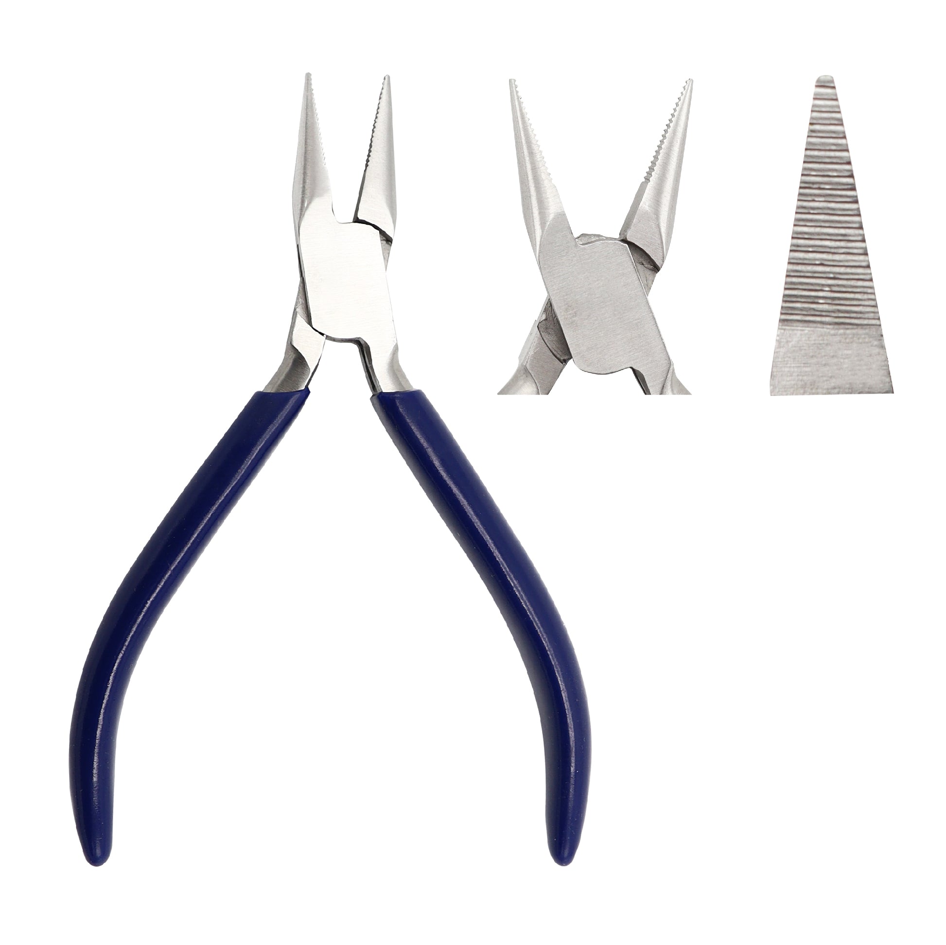 A pair of 13 cm flat nose pliers with blue ergonomic handles and a double-leaf spring mechanism. The inset images highlight the serrated stainless steel jaws designed for a high-precision grip in jewelry making and electronics repair.