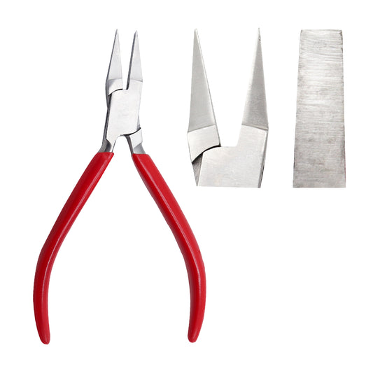 Professional flat-nose jewelry pliers featuring smooth internal jaws for precision wire bending, red PVC-coated ergonomic handles, and a double-leaf spring mechanism for comfortable use.