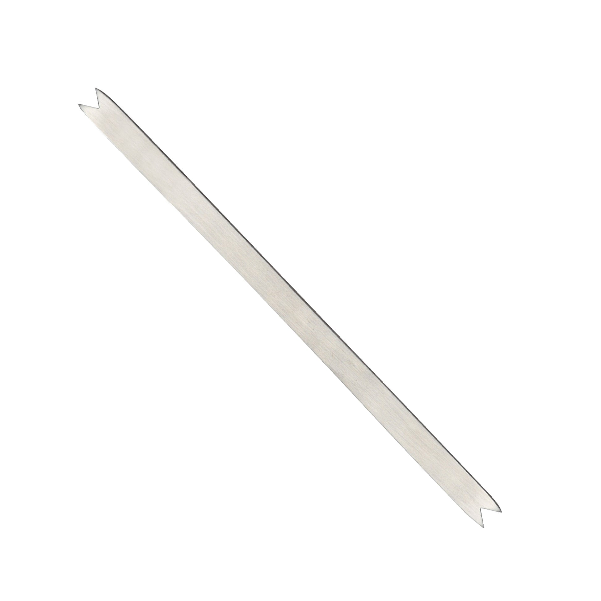 A long, flat stainless steel grilling skewer with notched "V" shaped ends, designed for cooking Turkish or Seekh kababs.