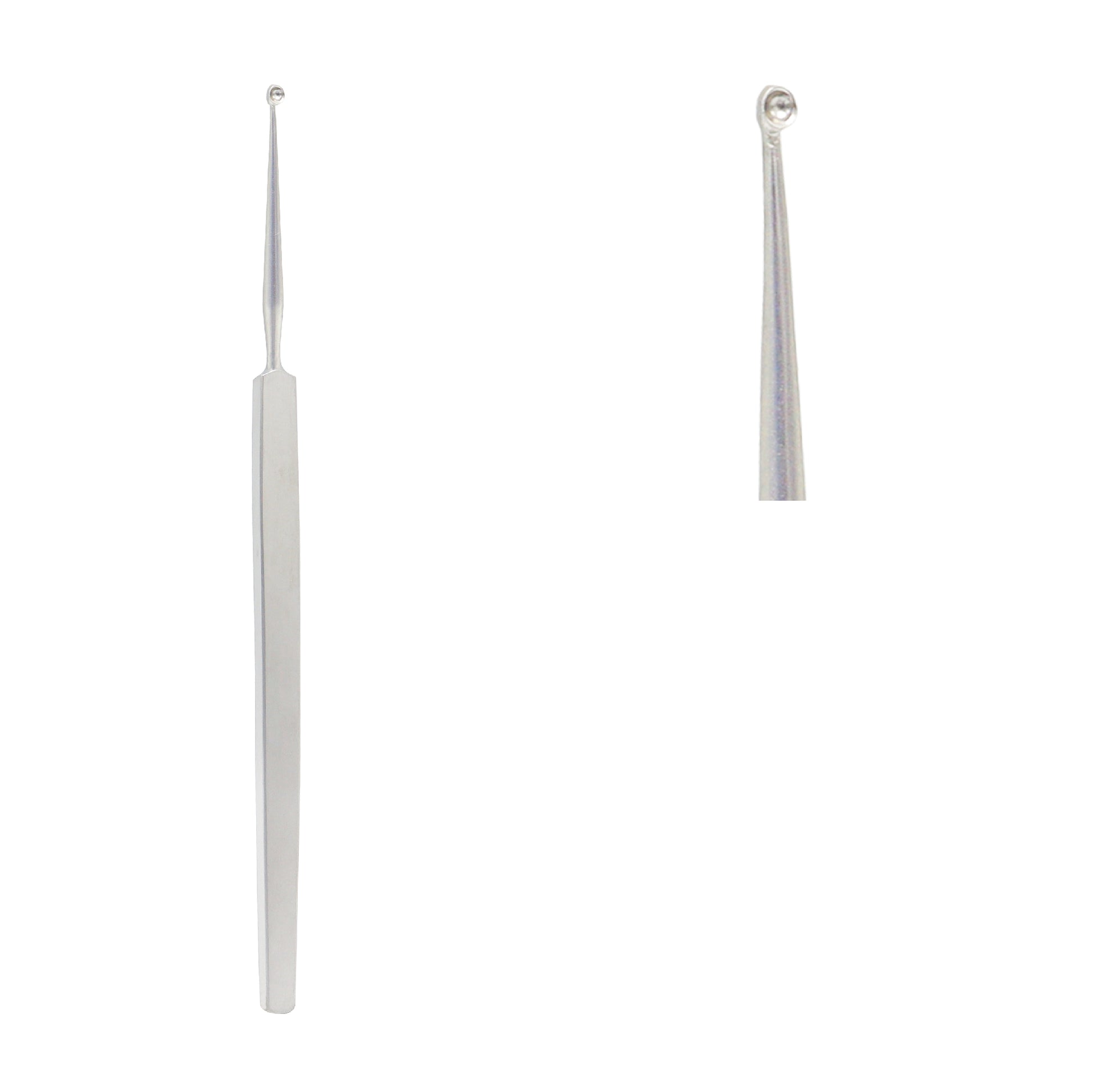 A stainless steel Fox dermal curette surgical instrument, featuring a long handle and a small, sharp, cup-shaped tip for dermatological procedures.