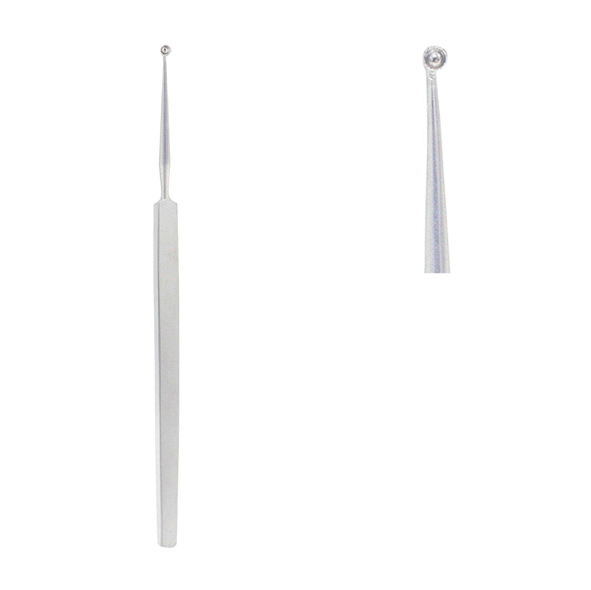 A surgical Fox Dermal Curette with a circular ring tip and a hexagonal handle, shown with a close-up of the tip.