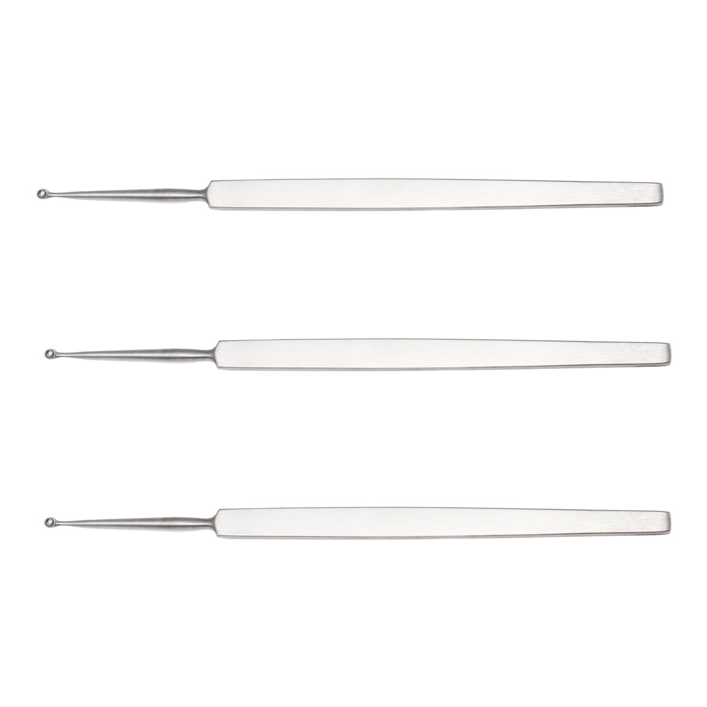 Three silver stainless steel Fox dermal curettes with flat handles and round loop tips arranged vertically on a white background.