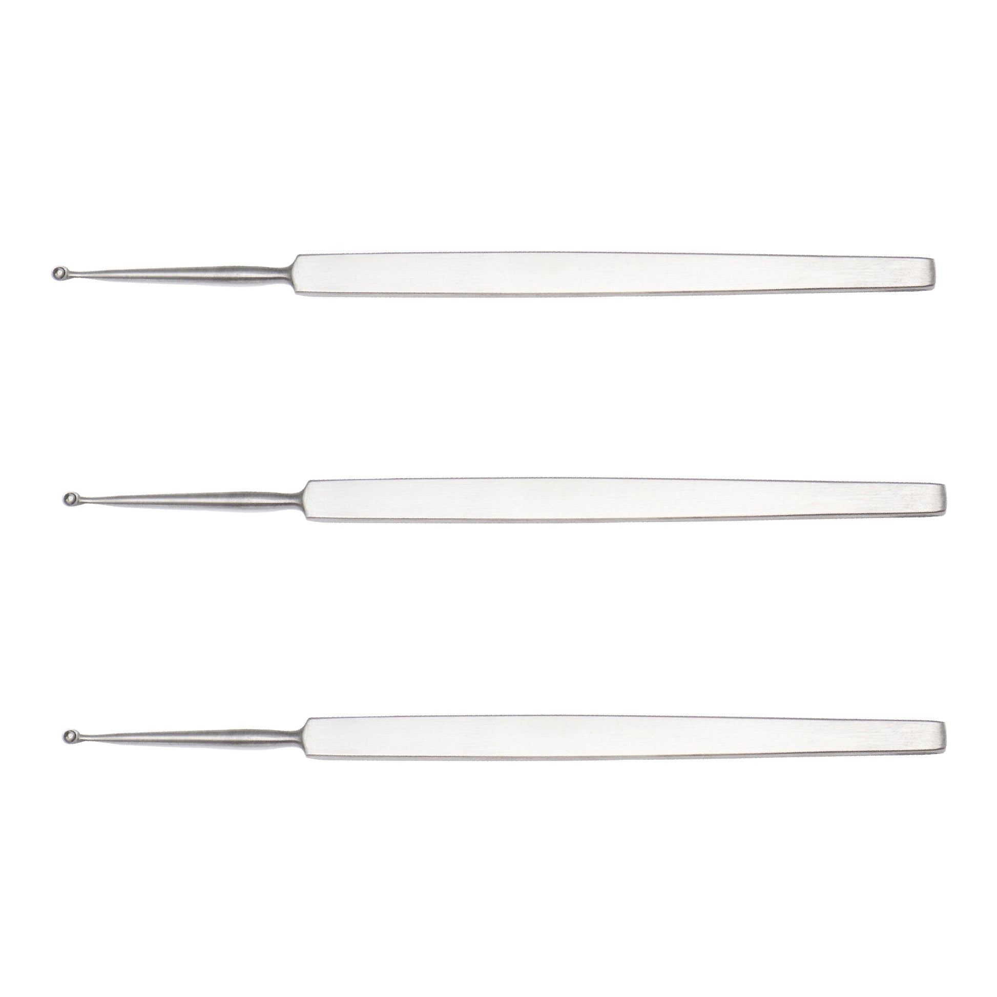 Three silver stainless steel Fox dermal curettes with flat handles and round loop tips arranged vertically on a white background.