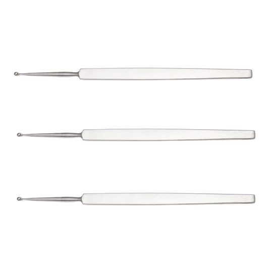 Three silver stainless steel Fox dermal curettes with flat handles and round loop tips arranged vertically on a white background.