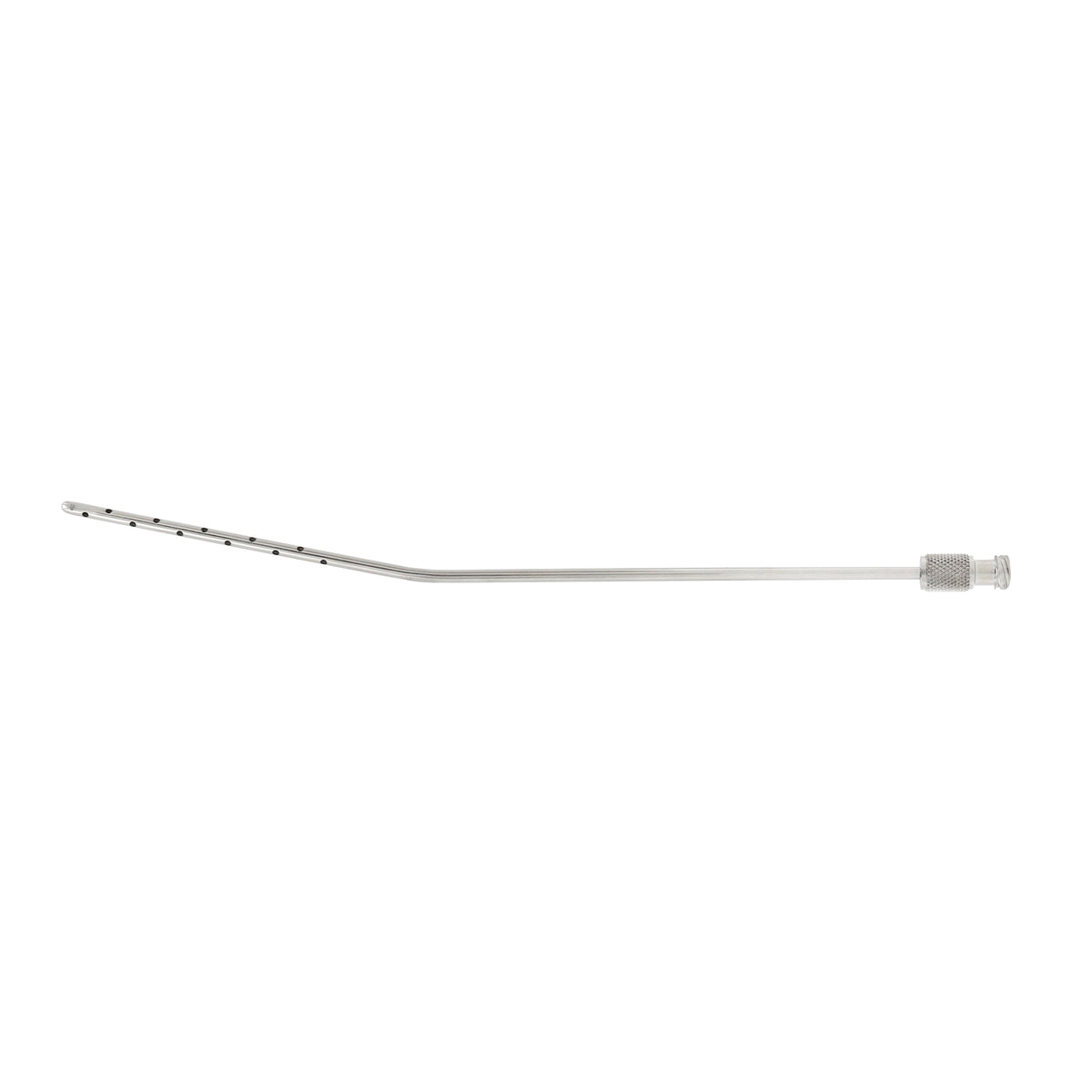 A stainless steel Frazier suction tube and surgical suction cannula featuring a rigid angled shaft, multiple fluid drainage holes along the tip, and a textured metal connecting hub.
