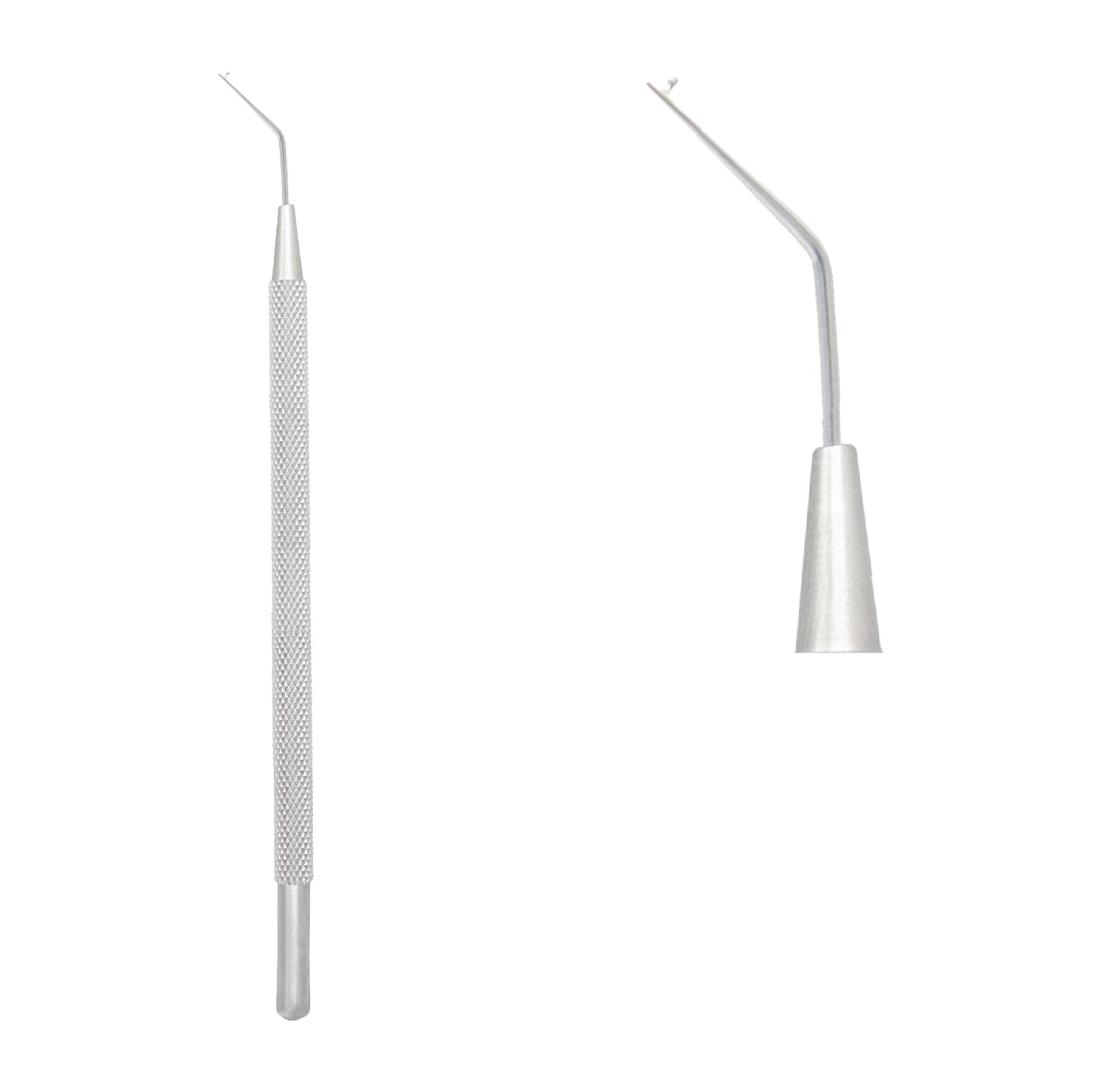 Side view of Frenzl T-Dialler lens manipulating hook with 0.3 mm angled tip and 12.5 cm length