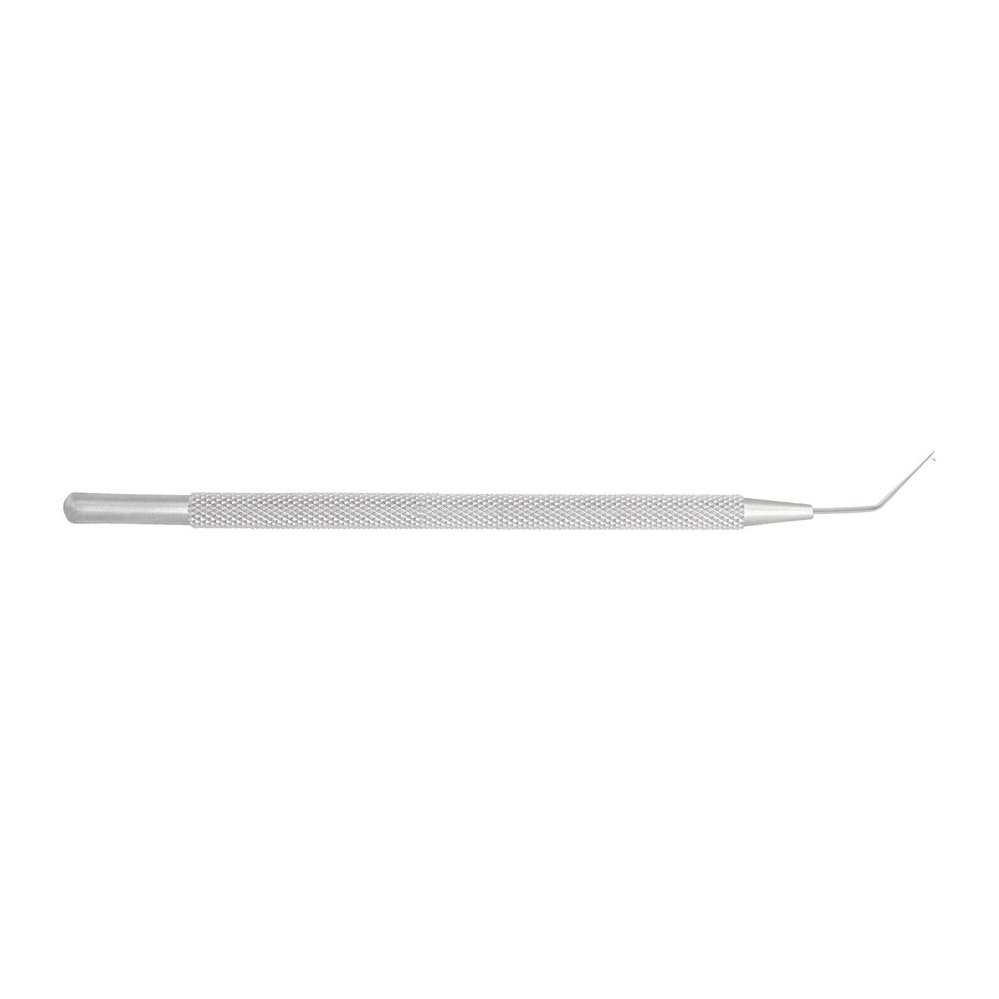 Frenzl T-Dialler lens manipulating hook 0.3 mm angled tip front view for eye surgery