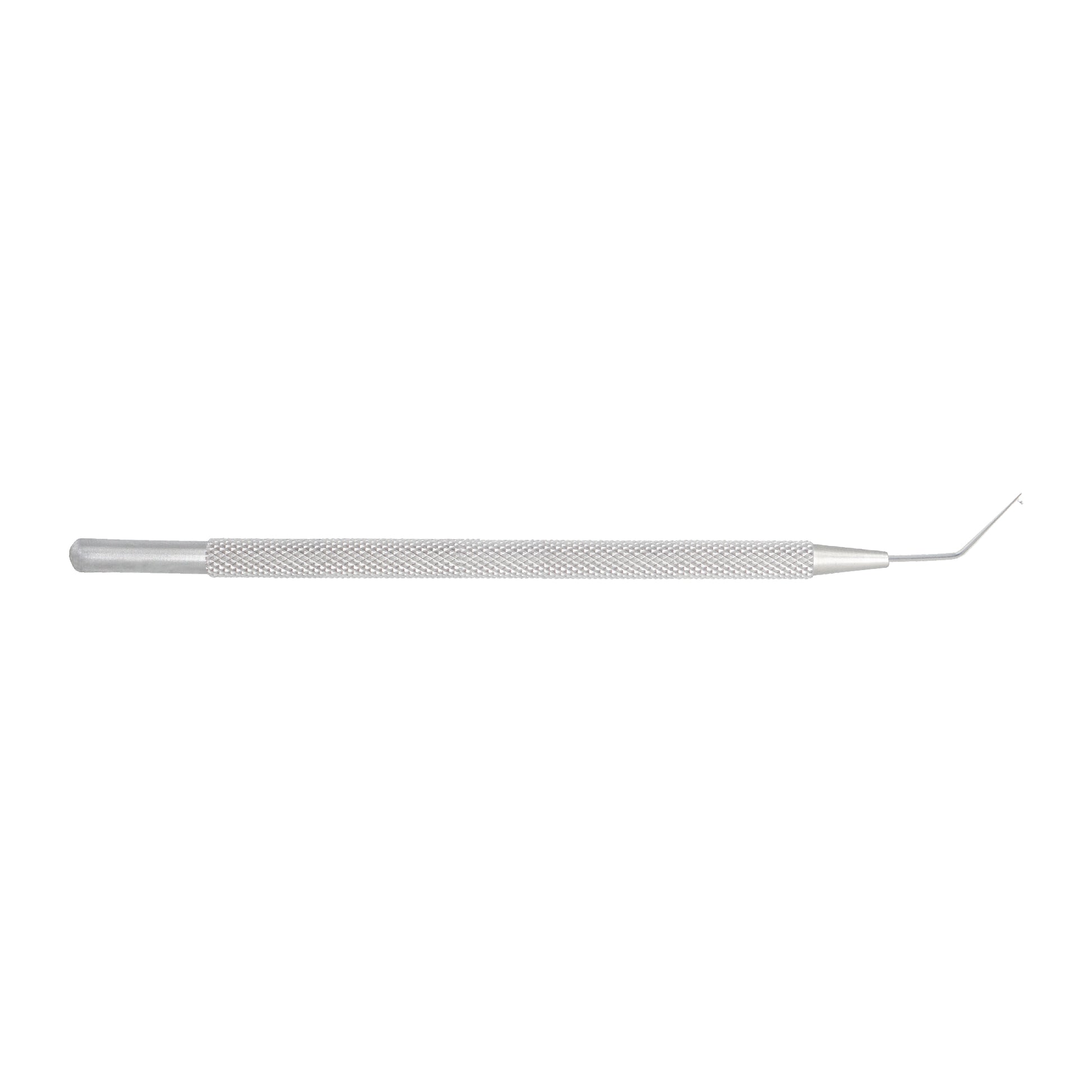 Frenzl T-Dialler lens manipulating hook 0.3 mm angled tip front view for eye surgery