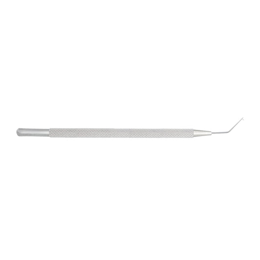 Frenzl T-Dialler lens manipulating hook 0.3 mm angled tip front view for eye surgery