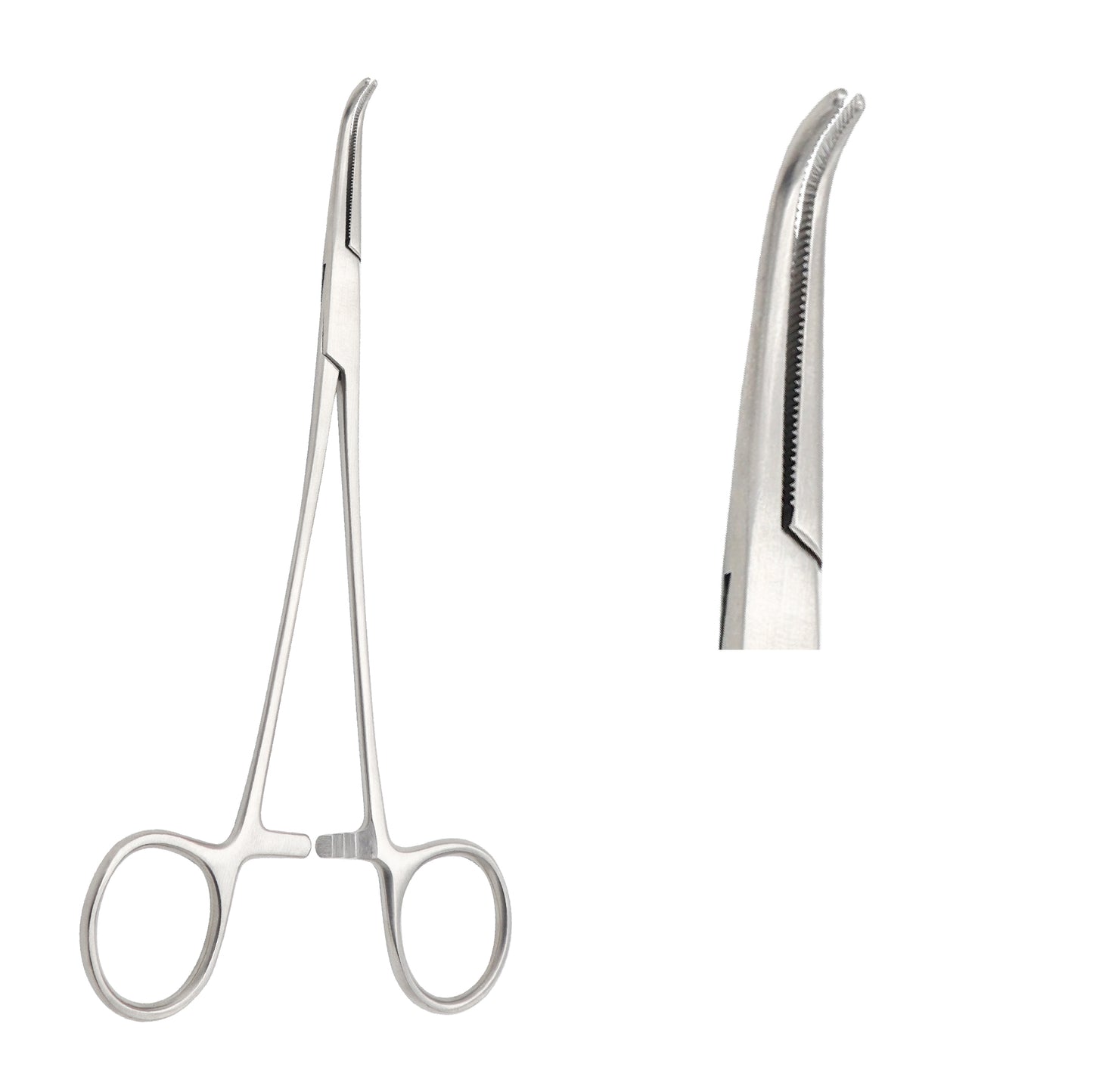 Stainless steel Gemini hemostatic forceps, 18cm curved model, featuring serrated jaws and a locking ratchet mechanism for surgical vessel control.