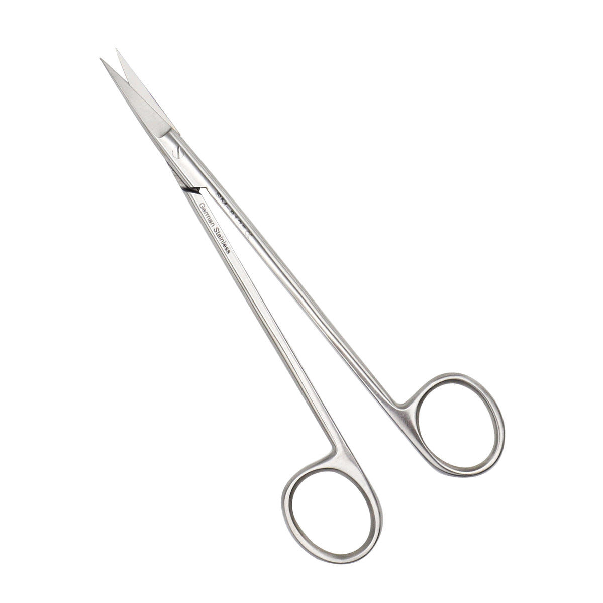 Straight fine surgical scissors with sharp tips and ring handles, made of premium German stainless steel for precise medical dissection.
