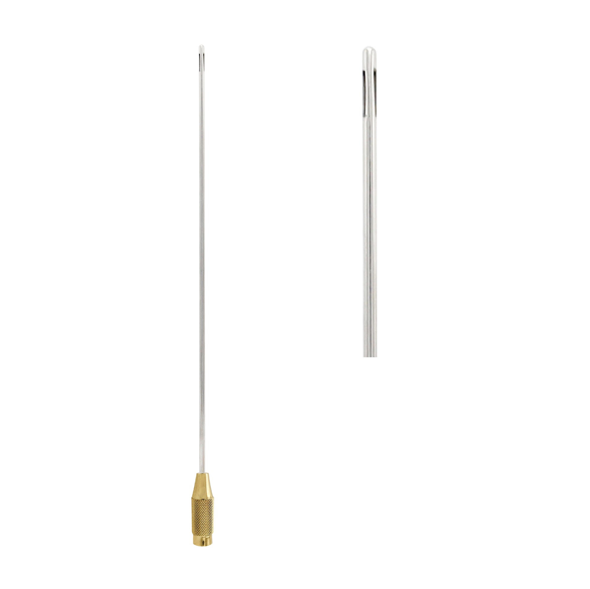 A long, thin liposuction cannula with a textured gold-plated handle and a stainless steel tip, shown alongside a detailed close-up of its side-port opening.