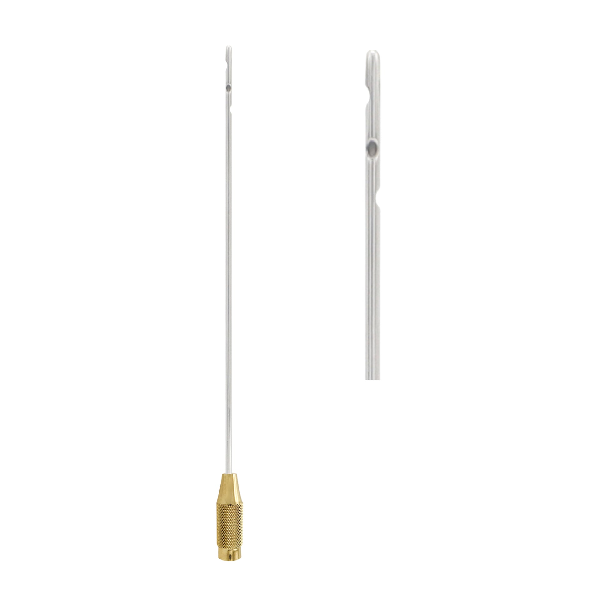 A professional medical liposuction cannula featuring a long, slender stainless steel tube with a single suction port at the tip and a knurled gold-plated threaded connector handle.