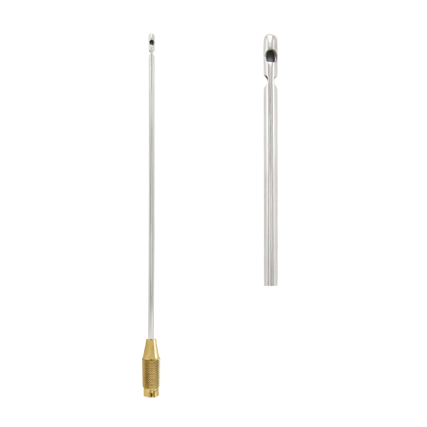 A professional-grade stainless steel liposuction cannula featuring a knurled gold-plated handle for enhanced grip and a specialized multi-hole tip for precise fat aspiration in body contouring procedures.
