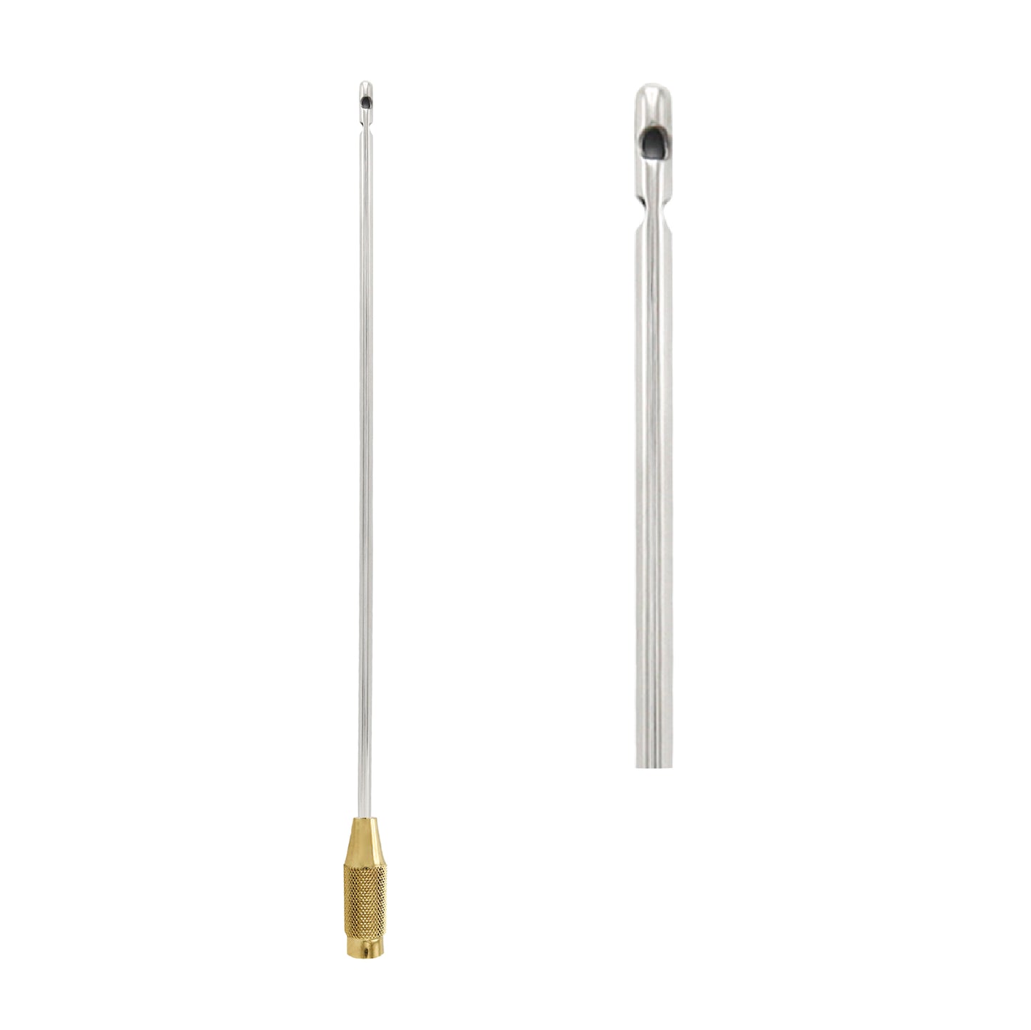 A stainless steel single-port liposuction cannula featuring a knurled gold-plated handle and a close-up detail of its blunt aspiration tip.
