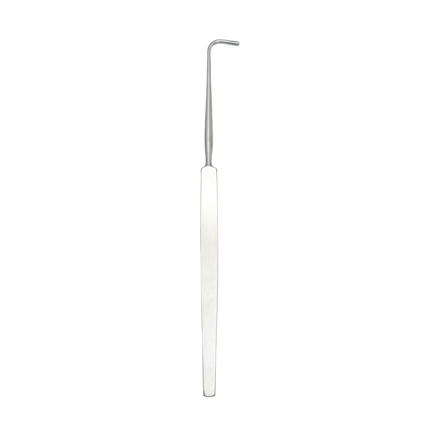 A stainless steel Graefe muscle hook surgical instrument with a long, slender handle and a blunt, L-shaped hook at the tip, commonly used in ophthalmic and delicate procedures.
