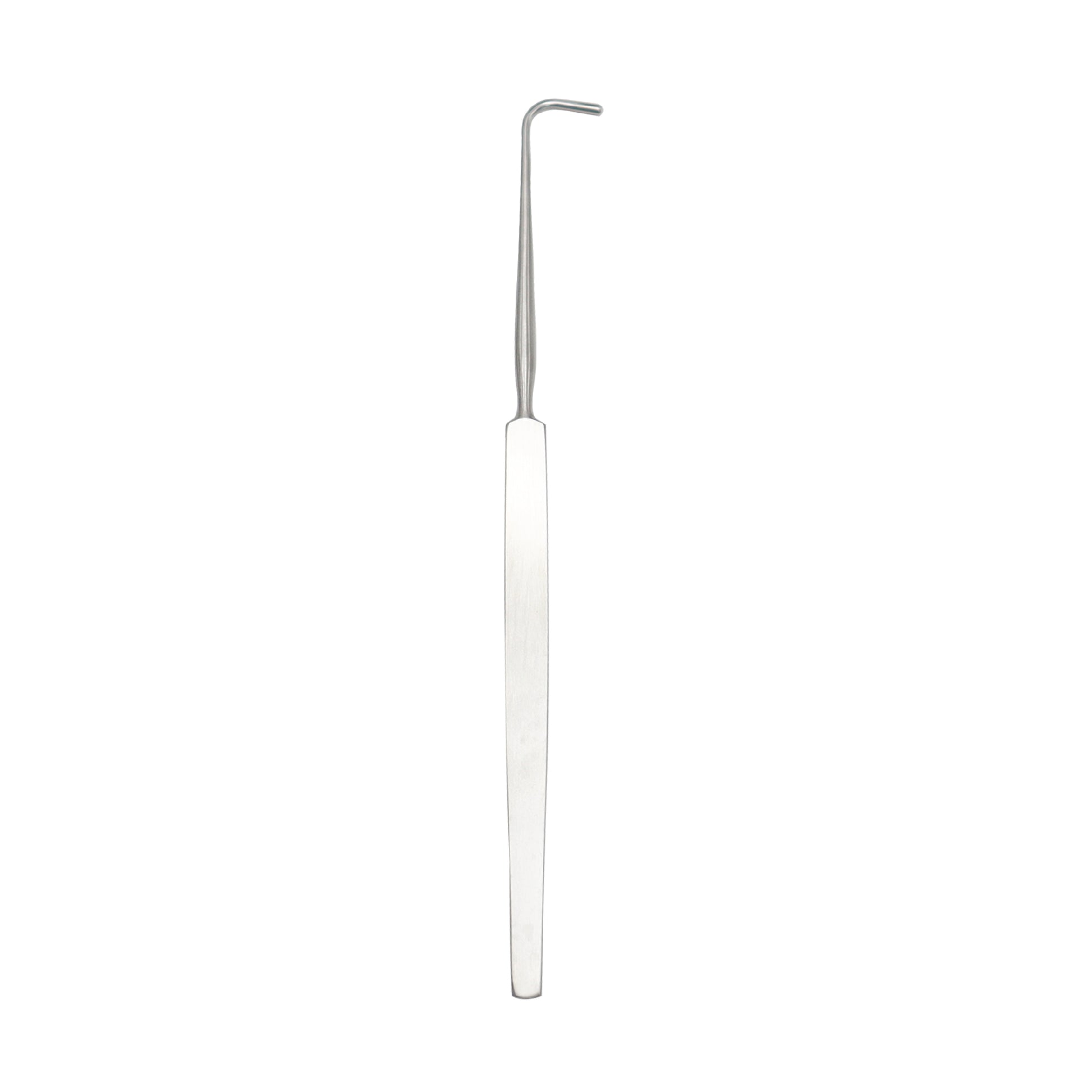 A stainless steel Graefe muscle hook surgical instrument with a long, slender handle and a blunt, L-shaped hook at the tip, commonly used in ophthalmic and delicate procedures.