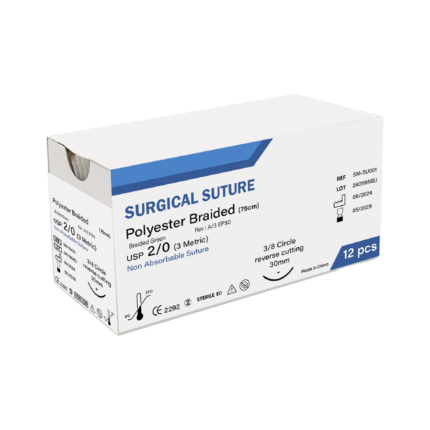 Box of green braided polyester surgical sutures, USP size 2/0, with 3/8 circle reverse cutting needle.