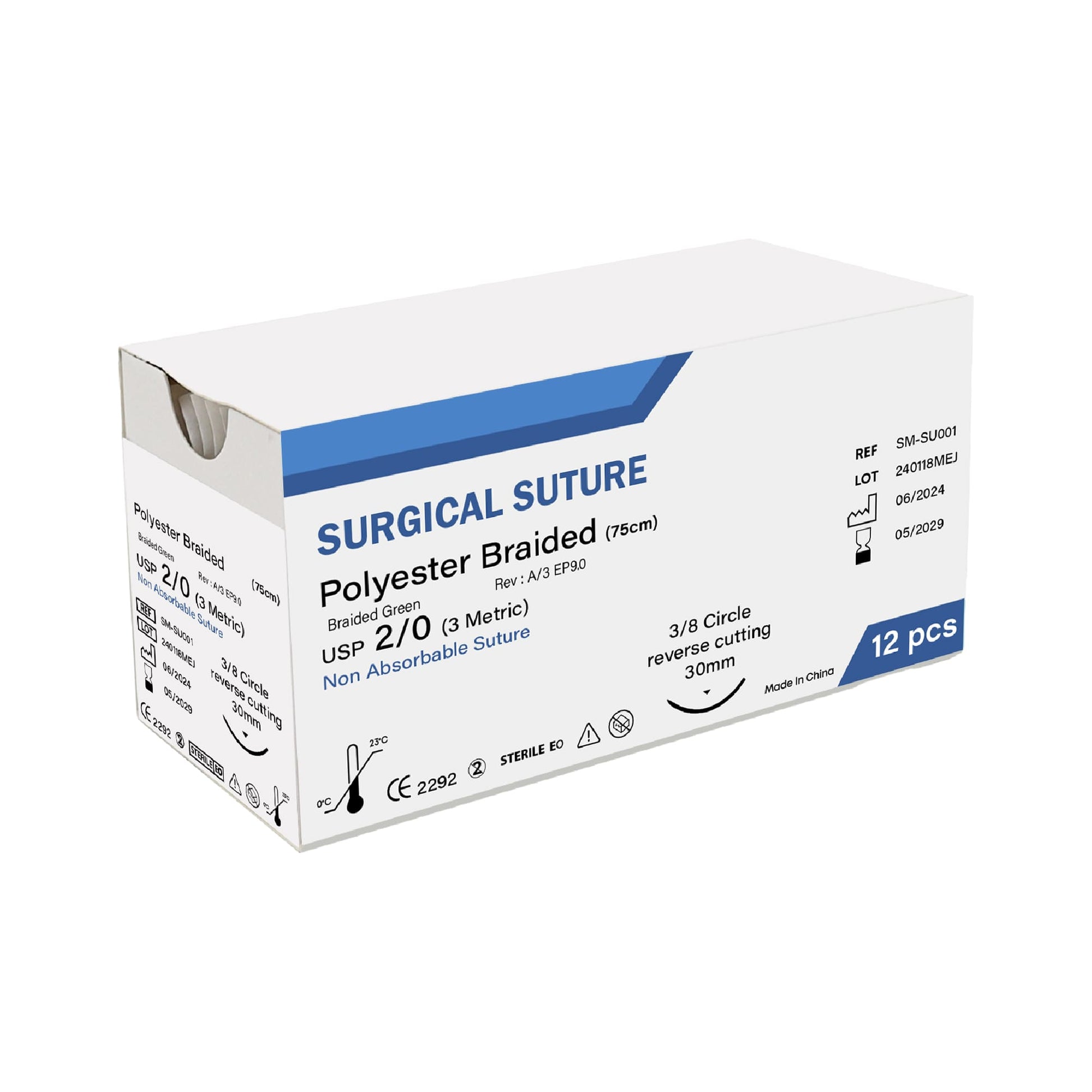 Box of green braided polyester surgical sutures, USP size 2/0, with 3/8 circle reverse cutting needle.