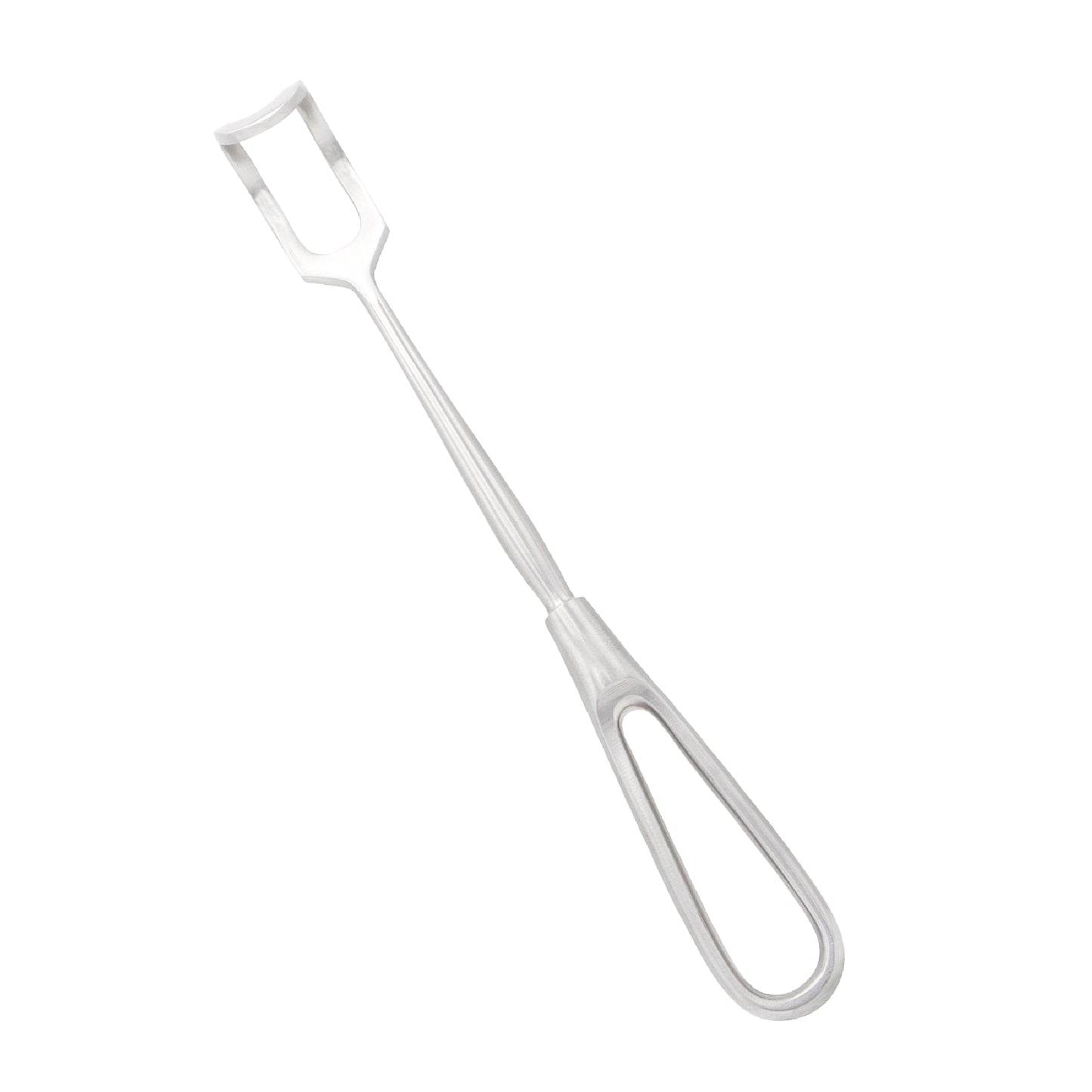 Stainless steel Green thyroid retractor surgical instrument with a fenestrated curved hook blade and a teardrop hollow loop handle on a white background.