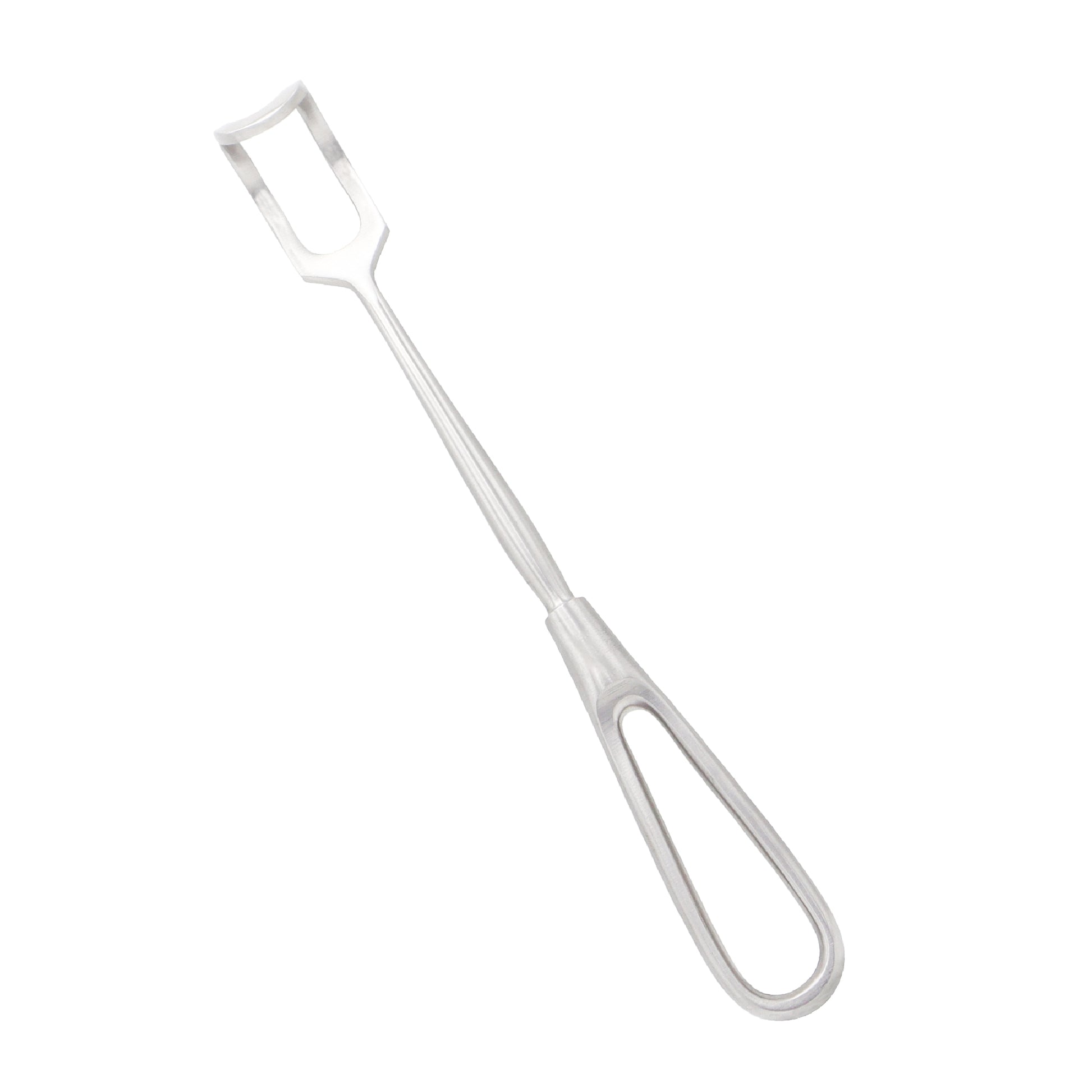 Stainless steel Green thyroid retractor surgical instrument with a fenestrated curved hook blade and a teardrop hollow loop handle on a white background.