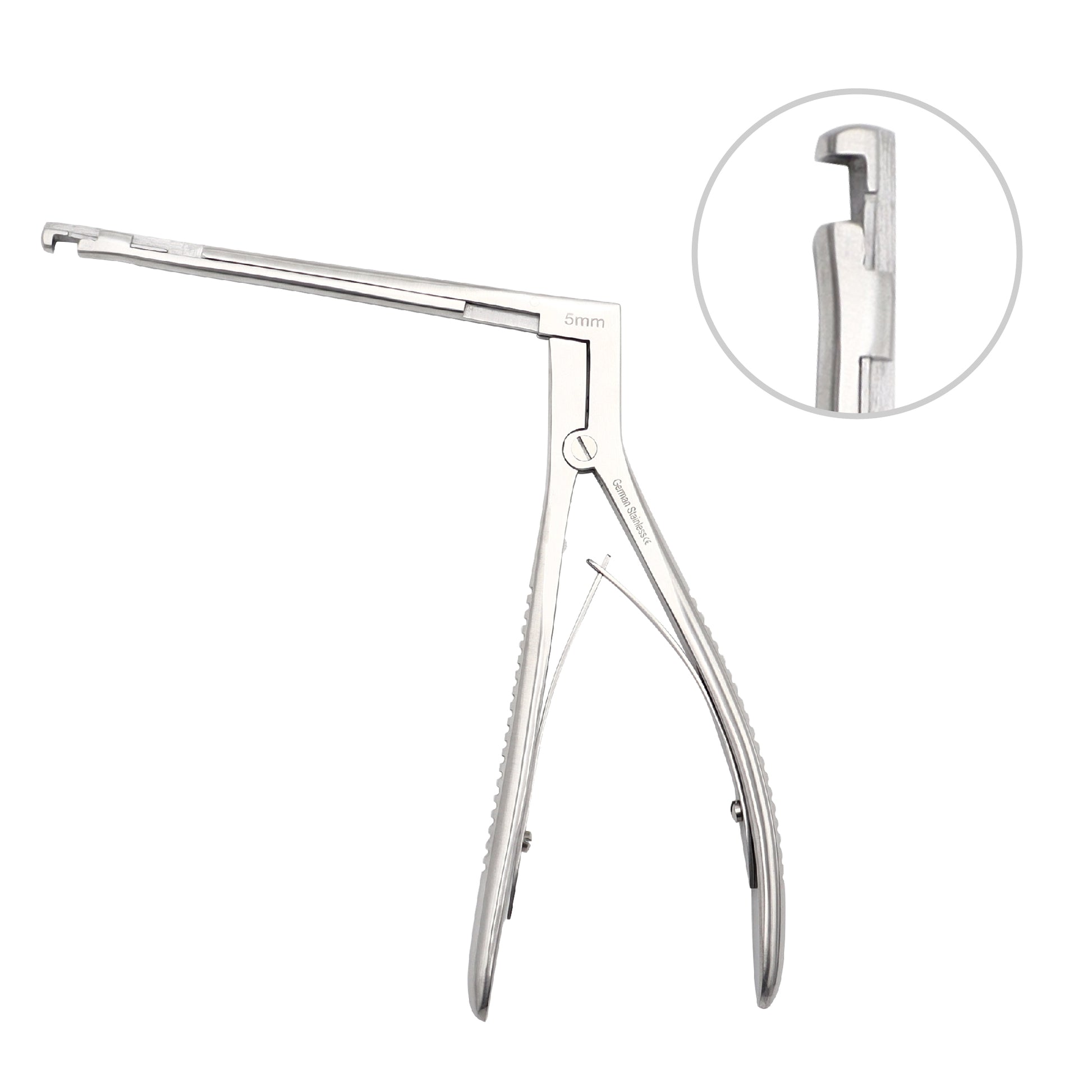 Stellmacher Instruments Hajek-Kofler sphenoid bone punch with a ninety degree downward biting mechanism, leaf spring handles, and a close-up circle showing the surgical jaw details.