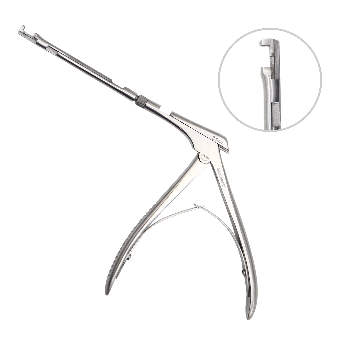 Hajek-Kofler sphenoid bone punch surgical instrument with a 3.5mm 90-degree down-biting tip mechanism highlighted in a circular inset view.