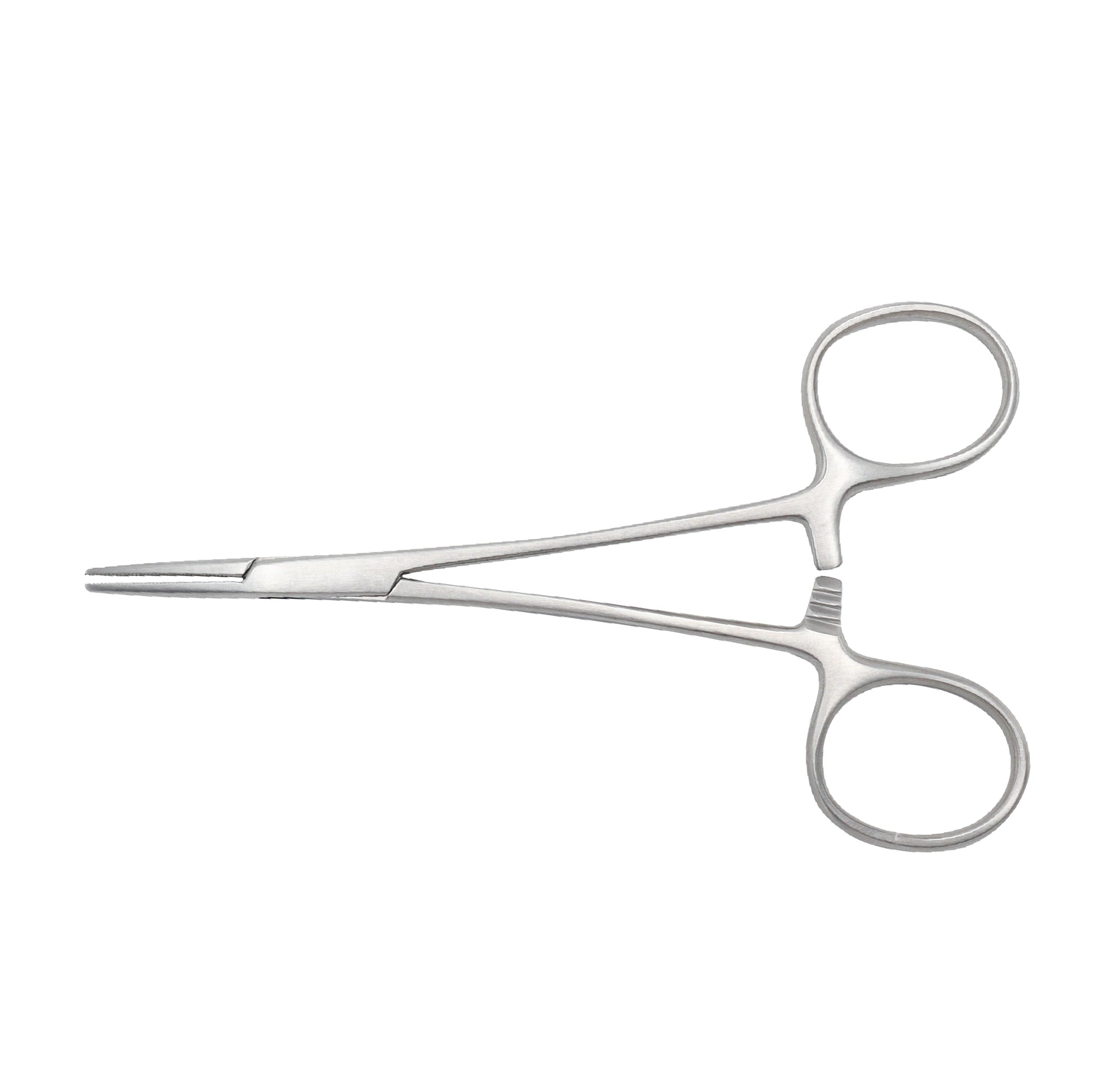 Straight Halsted Mosquito Hemostatic Forceps with serrated jaws and locking ratchet mechanism