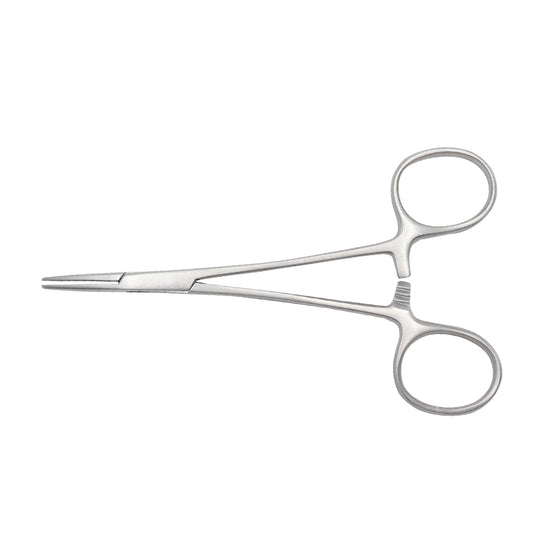 Straight Halsted Mosquito Hemostatic Forceps with serrated jaws and locking ratchet mechanism