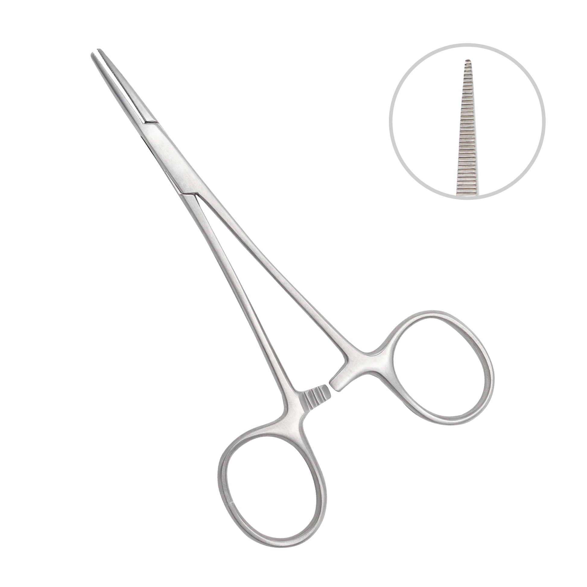 Halsted-Mosquito Hemostatic Forceps, 12cm straight stainless steel surgical clamp with fine serrated jaws and a ratchet locking mechanism.