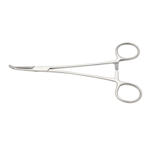 Hartmann Mosquito hemostatic forceps with curved, serrated jaws and a ratchet locking mechanism, made of medical-grade stainless steel for surgical use.
