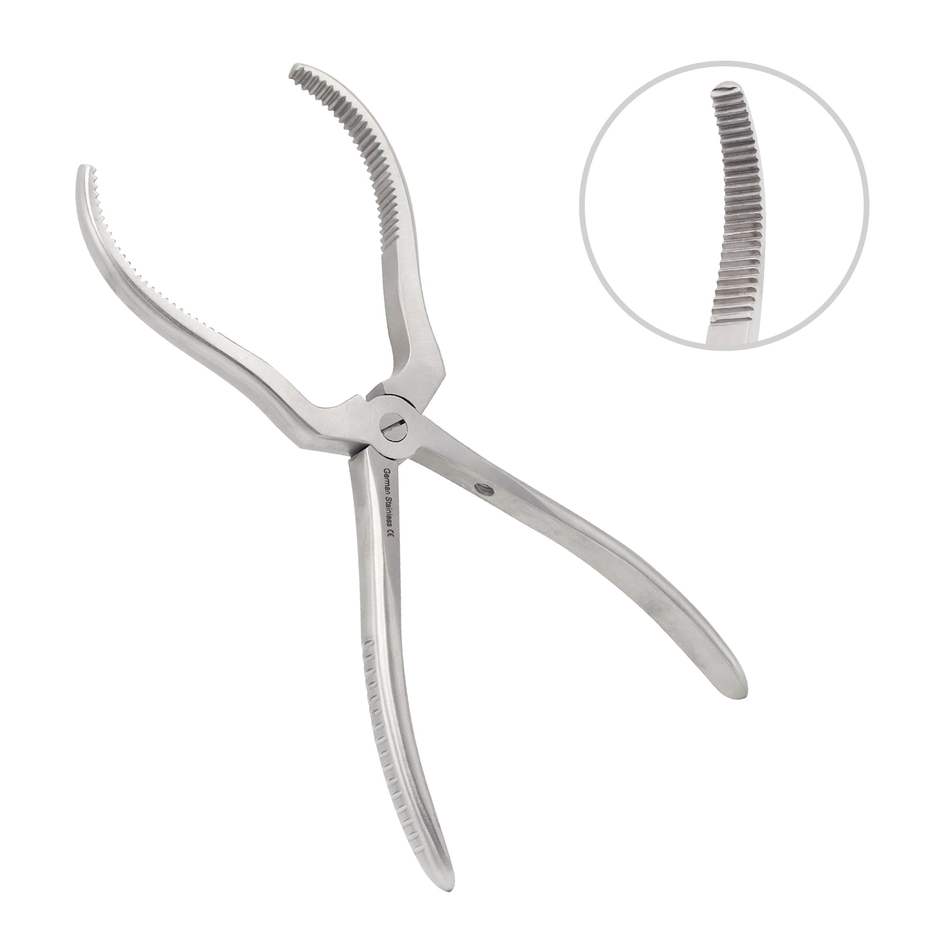 Hayton Williams Forward Traction and Reduction Forceps with curved serrated jaws and close-up detail of teeth for maxillary fracture surgery.