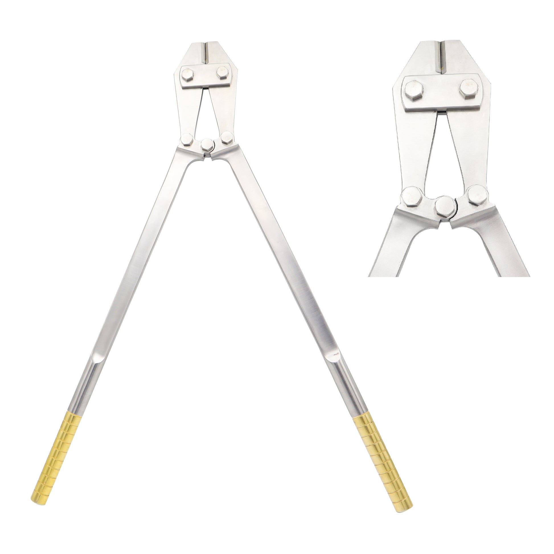 Heavy-duty orthopedic surgical pin and wire cutter with gold-plated handles and tungsten carbide side-cutting jaws, shown alongside a close-up detail of the dual-pivot jaw mechanism.